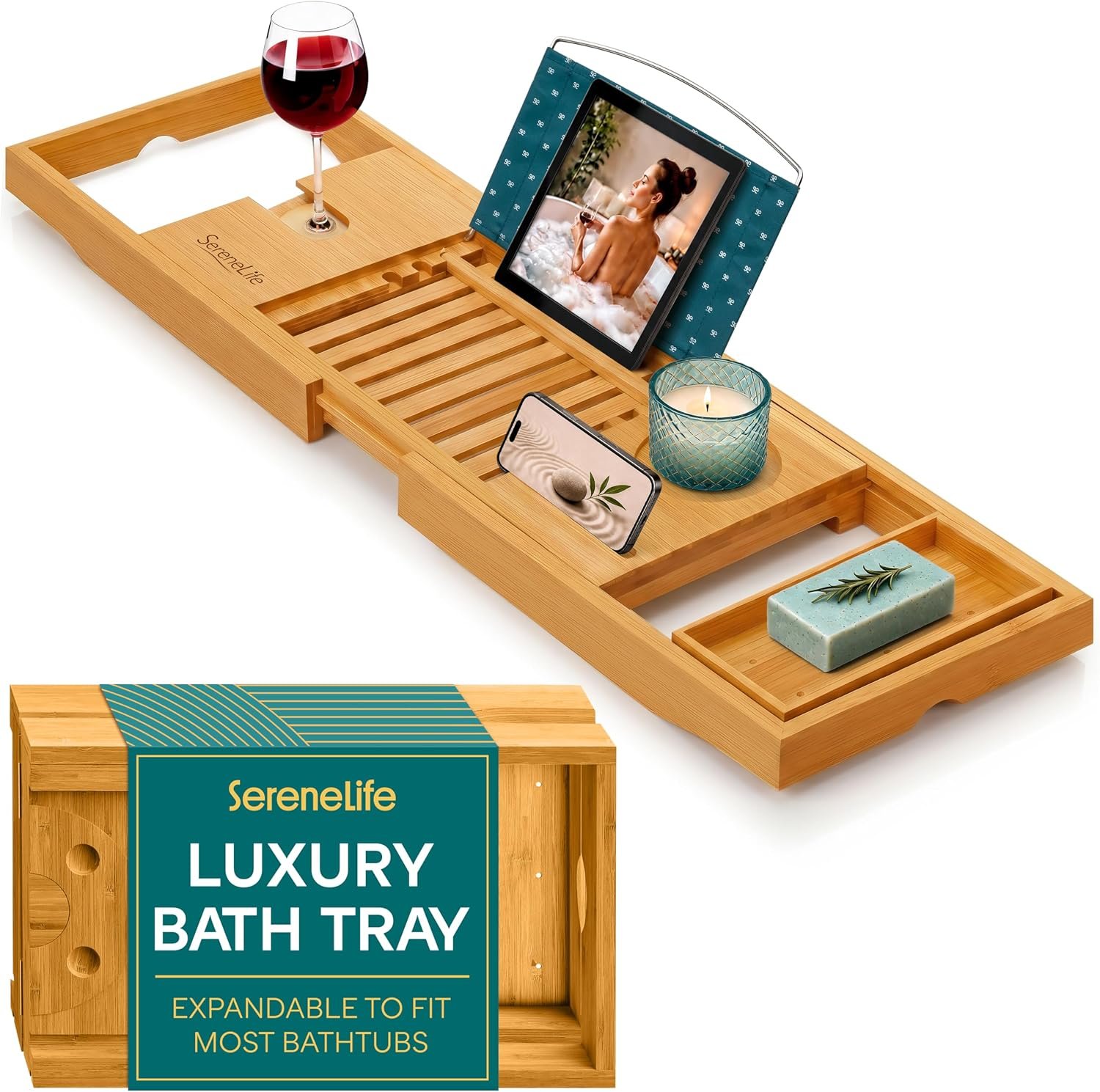 SereneLife Luxury Bamboo Bathtub Caddy Tray – Adjustable Natural Wood Bath Tub Organizer with Wine Holder, Cup Placement, Soap Dish, Book Space & Phone Slot for Spa, Bathroom & Shower – SLBCAD20