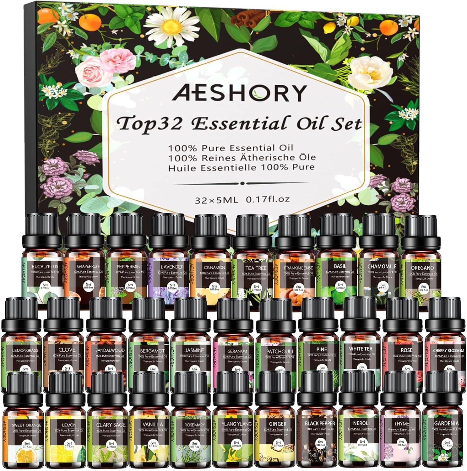 Essential Oils Set – 32x5ml Pure Aromatherapy Essential Oils Kit for Diffuser, Humidifier, Aromatherapy, Massage, Skin & Hair Care – Lavender, Tea Tree, Eucalyptus, Sandalwood, Peppermint, Rosemary