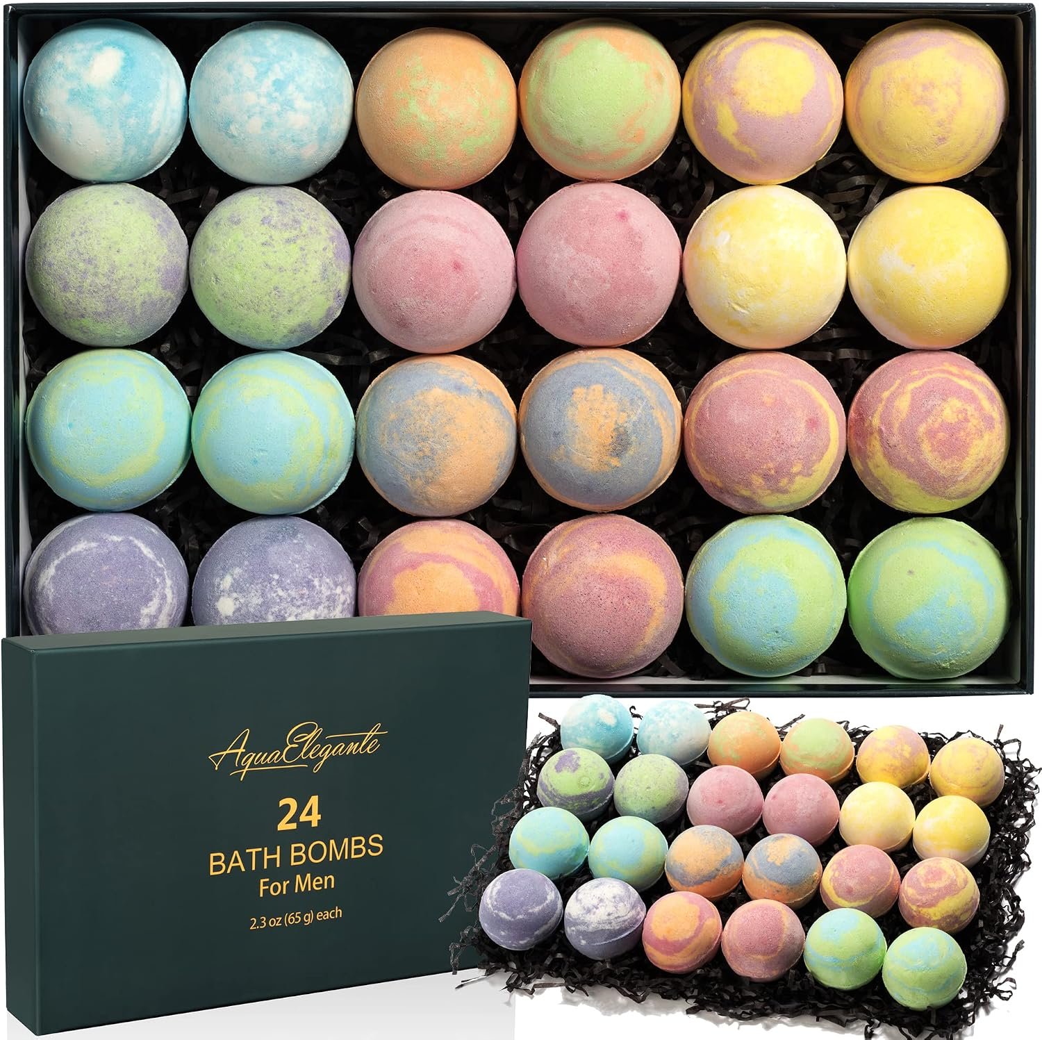 Aqua Elegante Luxury Bath Bombs for Men – Gift Set of 24 Fizzy Bathbombs with Essential Oils, Shea Butter, Coconut Oil – No Stain, Natural, Vegan Moisturizing Spa Present for Dad, Husband, Boyfriend