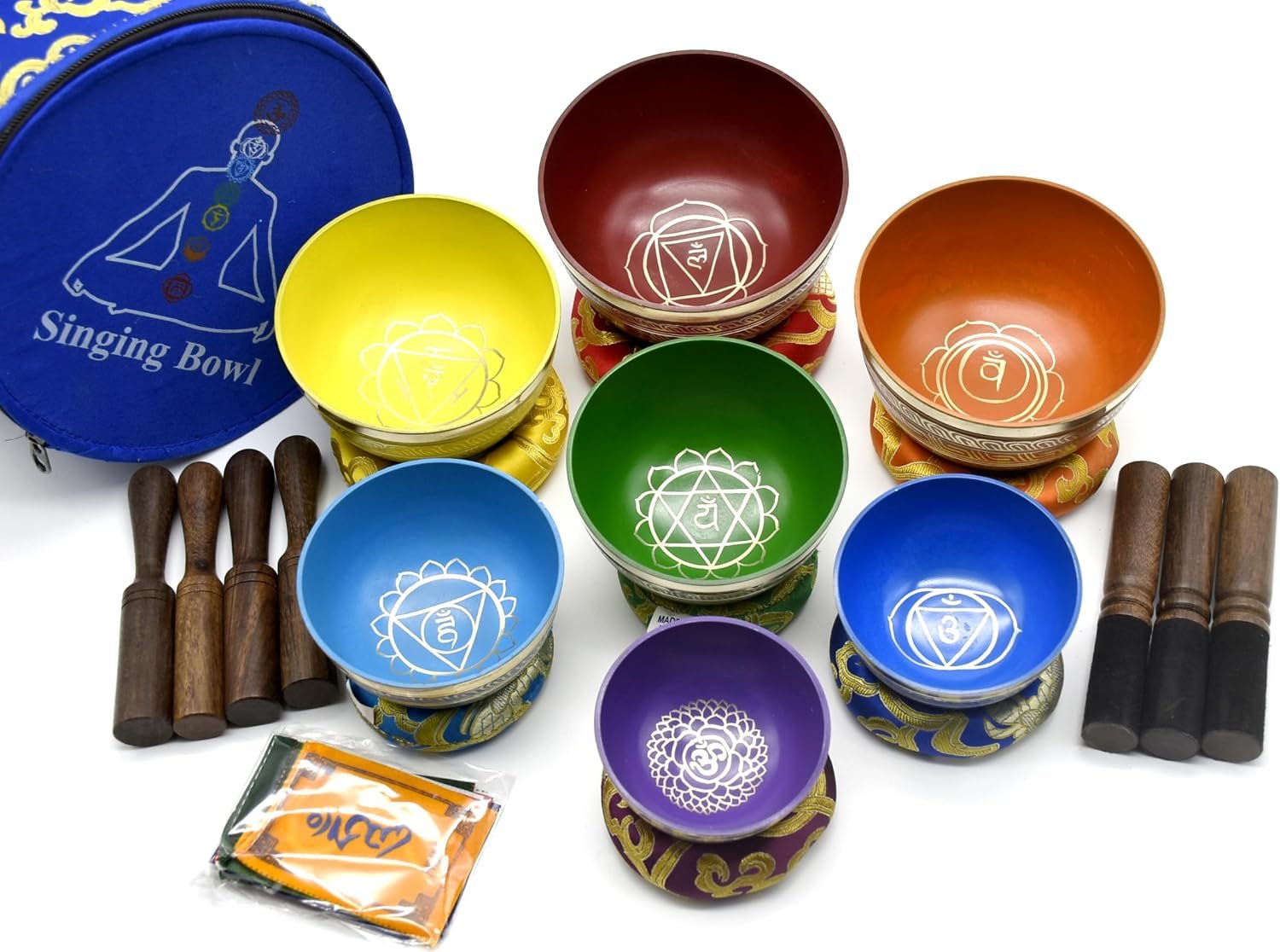 7 Chakra Tibetan Singing Bowl Set – Handcrafted in Nepal Bronze Meditation Sound Healing Bowls with Mallets, Cushions & Carry Case – for Yoga, Reiki, Chakra Balancing, Mindfulness & Stress Relief