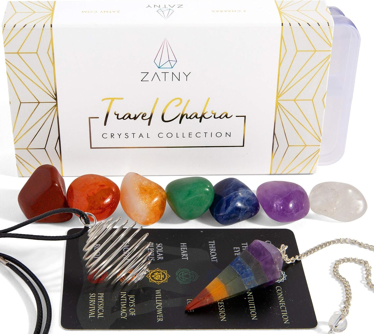 ZATNY Travel Chakra Crystals and Healing Stones Collection – 7 Chakra Set Tumbled Stones, Chakra Pendulum, Interchangeable Cage Necklace, Reference Card, Portable Case, Ebook