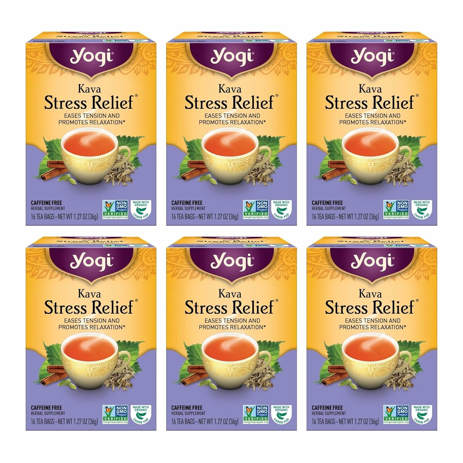 Yogi Tea – Kava Stress Relief (6 Pack) – Eases Tension and Promotes Relaxation – Caffeine Free – 96 Herbal Tea Bags