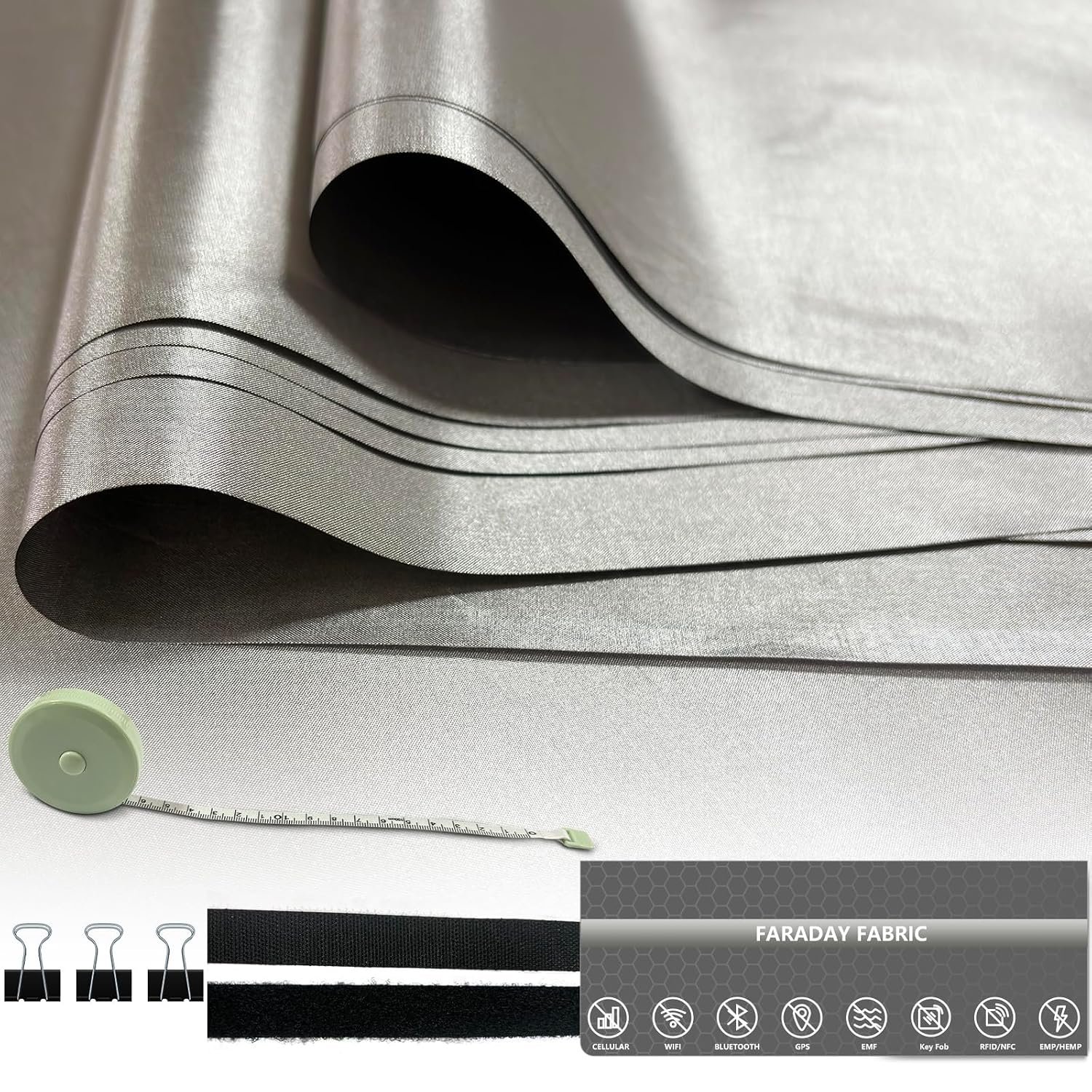 Faraday Fabric Set – Professional Grade Protection Faraday Material with Clamp, Conductive Nickel Copper Polyester Faraday Cloth Blocks EMF WiFi RFID RF Signals (1 Yard 43” X 39”)