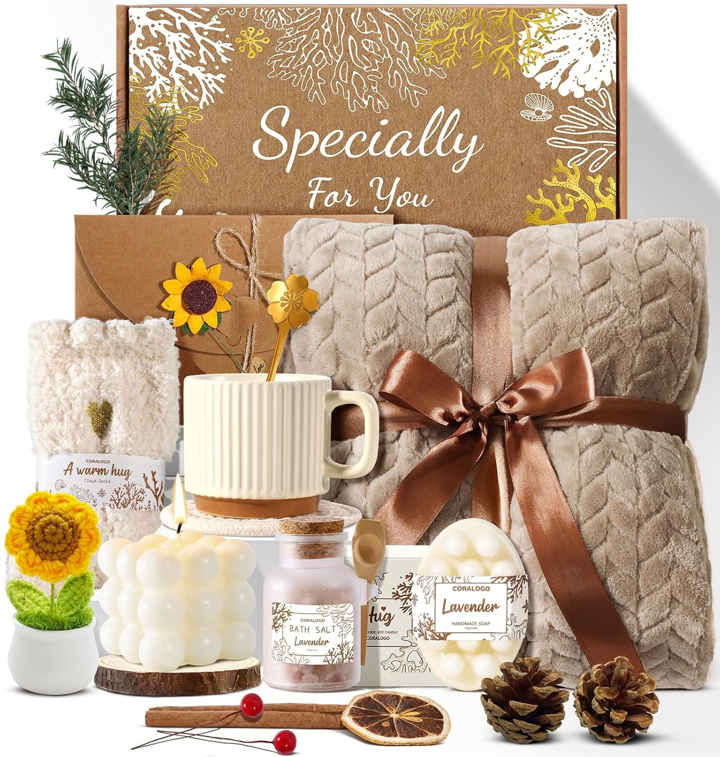Spa Gift Baskets for Women – Relaxing Sunflower Package, Birthday Gift Basket, Get Well Soon, Self Care, 11pcs Spa Sets with Blanket, Luxury Gifts for Women Mother Wife
