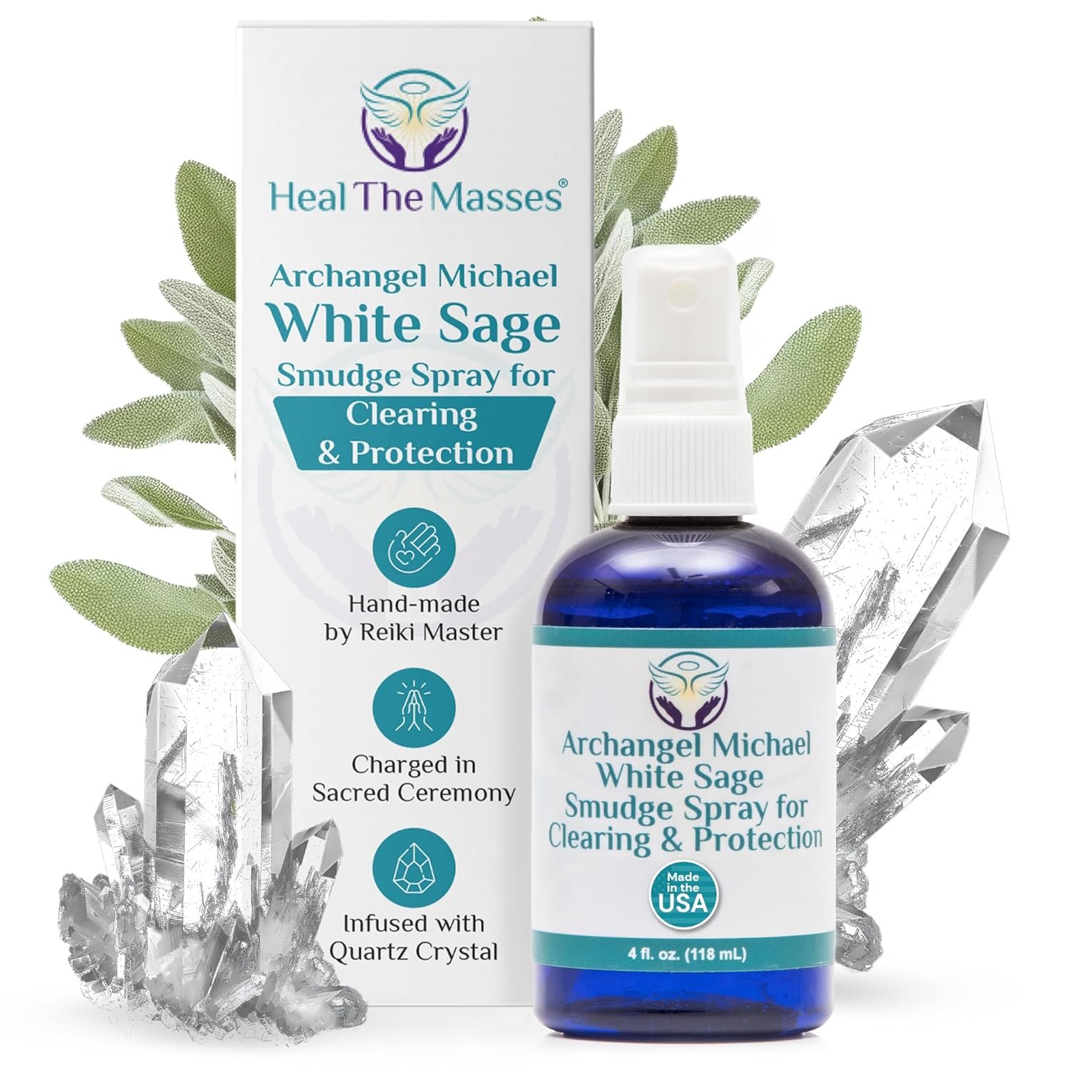 Heal the Masses White Sage Spray: White Sage Smudge Spray for Clearing and Protection – Smokeless Liquid Smudging Spray Infused with Quartz Crystals – Negative Energy Cleansing Mist – 4 Fluid Ounces