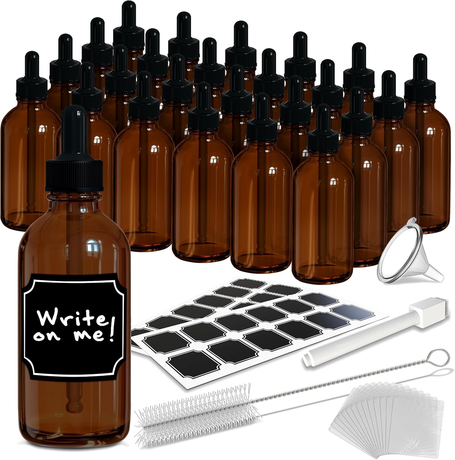 Nevlers Amber Glass Dropper Bottle 4oz 24 Pack Set | Tincture Bottles with Dropper , Labels, Marker, Funnel, Brush & Shrink Wrap | Glass Dropper for Oils | Amber Bottles 4 oz Kit
