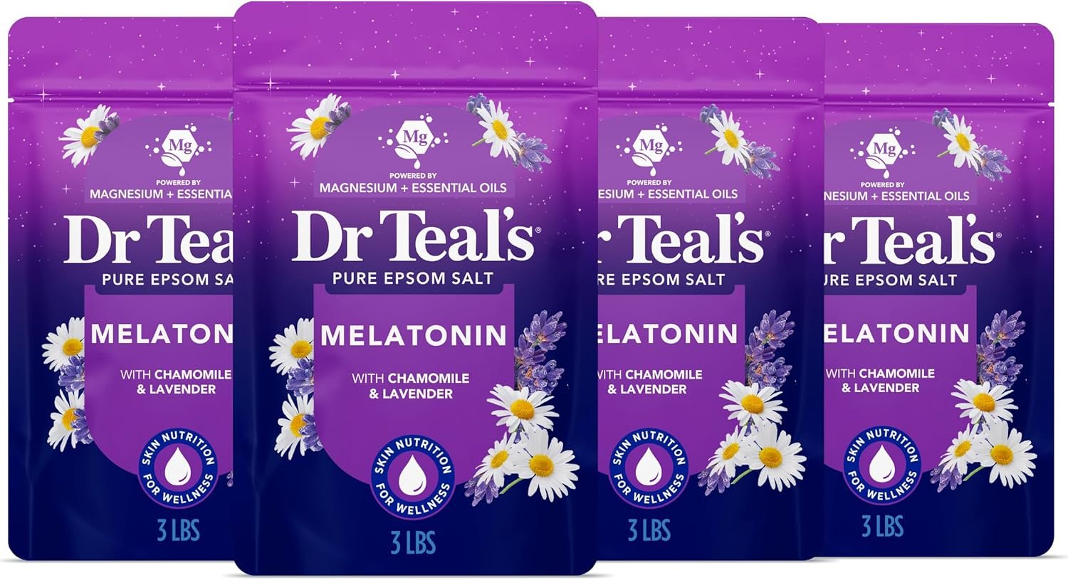 Dr Teal’s Pure Epsom Salt, Melatonin Sleep Soak with Essential Oil Blend, 3 lb (Pack of 4)