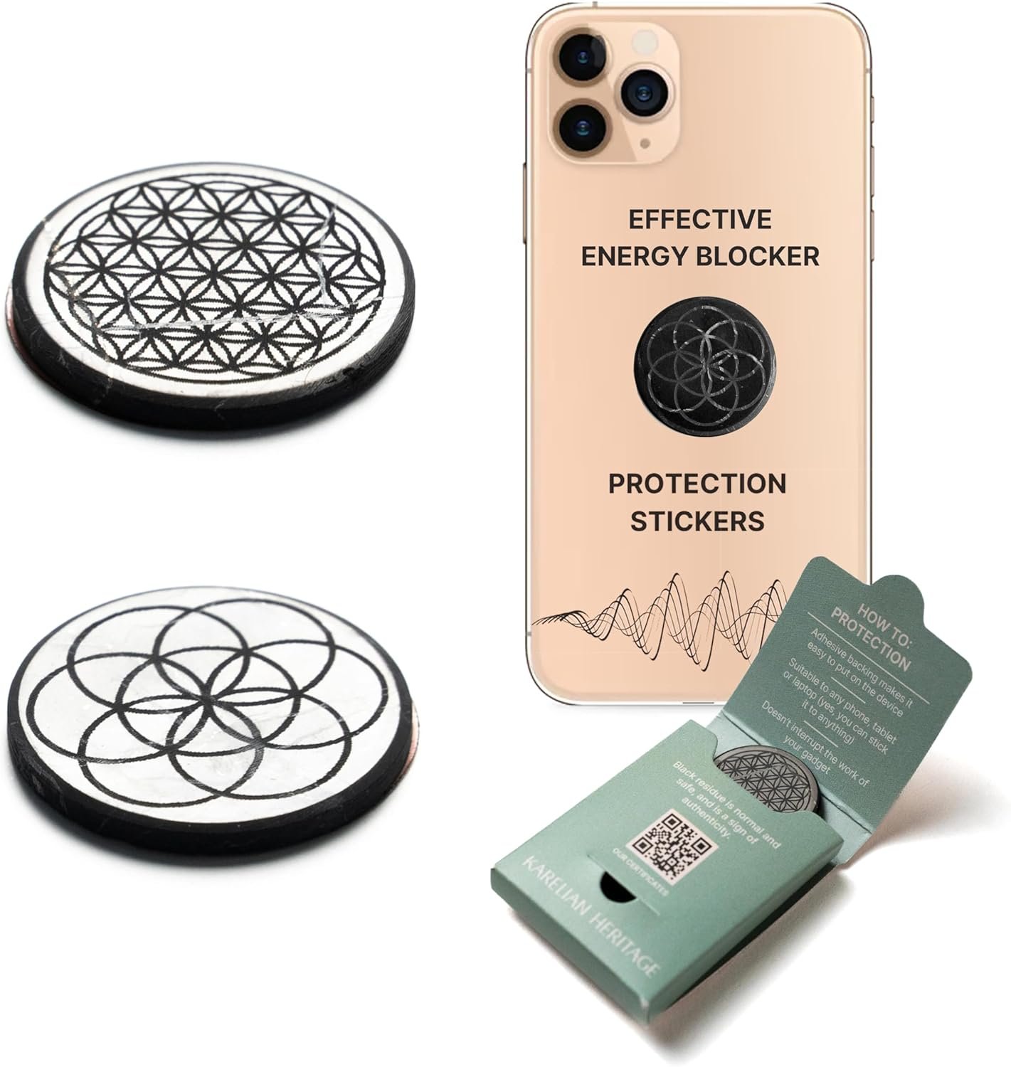 Gadget Protection Shungite Stickers Blocker for Cell Phone 2 pcs Flower of Life & Seed of Life Engraved | Round Sticker Plates for Bad Vibes Blocking | Polished Shungite Stone Plates S576