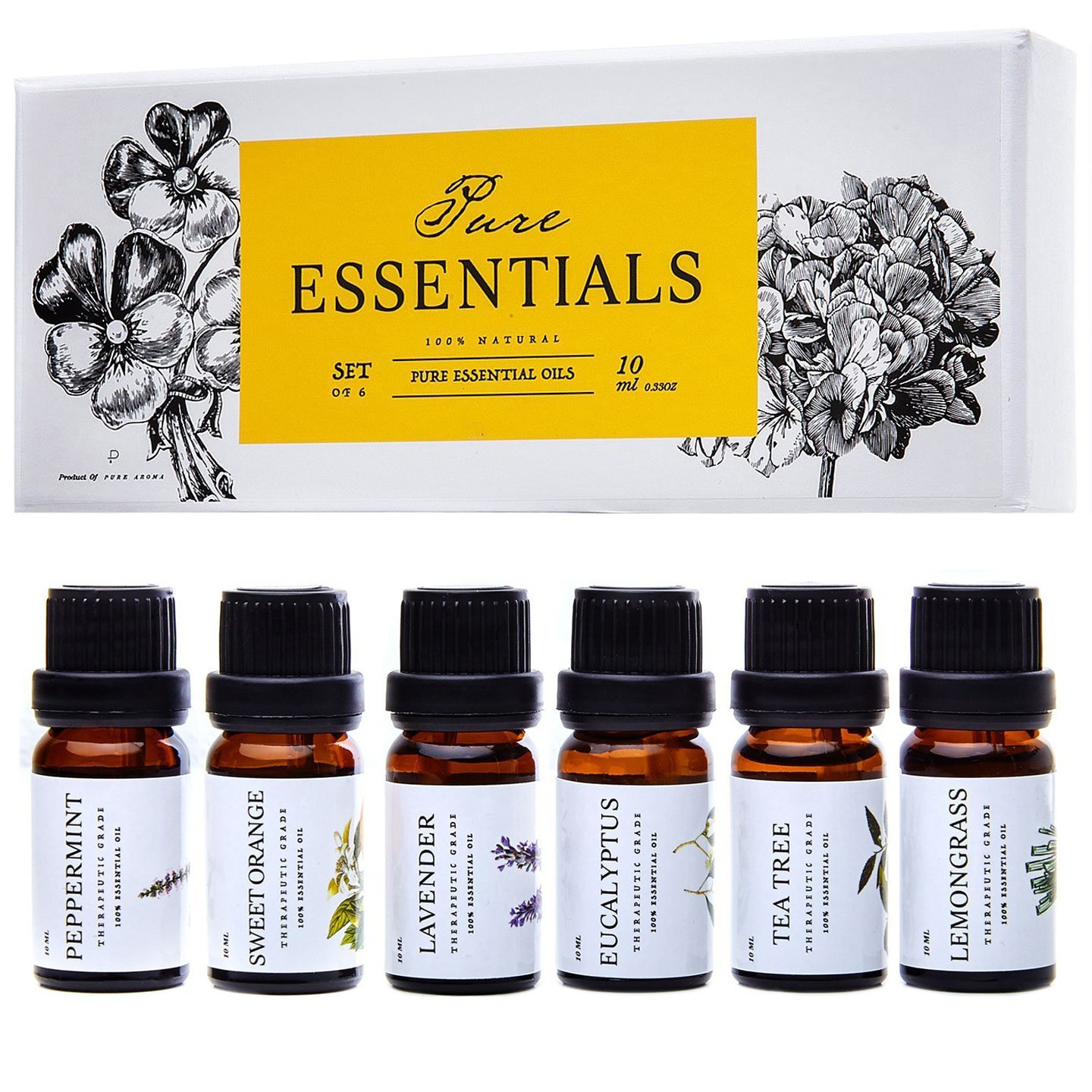 Essential Oils Set Pure Essentials – Top 6 Aromatherapy Oils Gift Set for Diffusers, Home Care, Candel Making, Fragrance -Eucalyptus, Lavender, Lemongrass, Sweet Orange, Peppermint, Tea Tree (10ml)