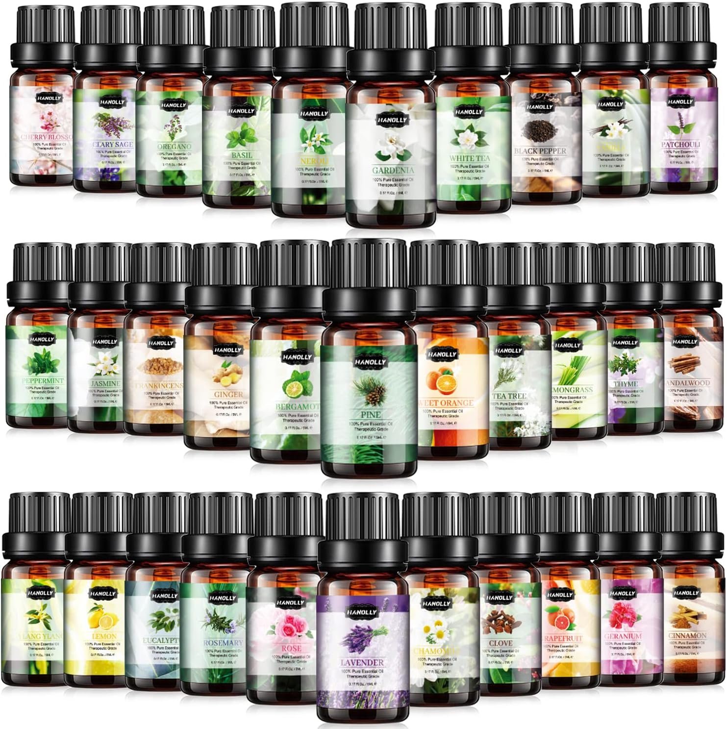 Essential Oils Set, Aromatherapy Essential Oil Kit for Diffuser, Humidifier, Massage, Skin Care (32 x 5ml) – Eucalyptus, Lavender, Tea Tree, Peppermint, Lemongrass, Frankincense, Cinnamon, Sandalwood