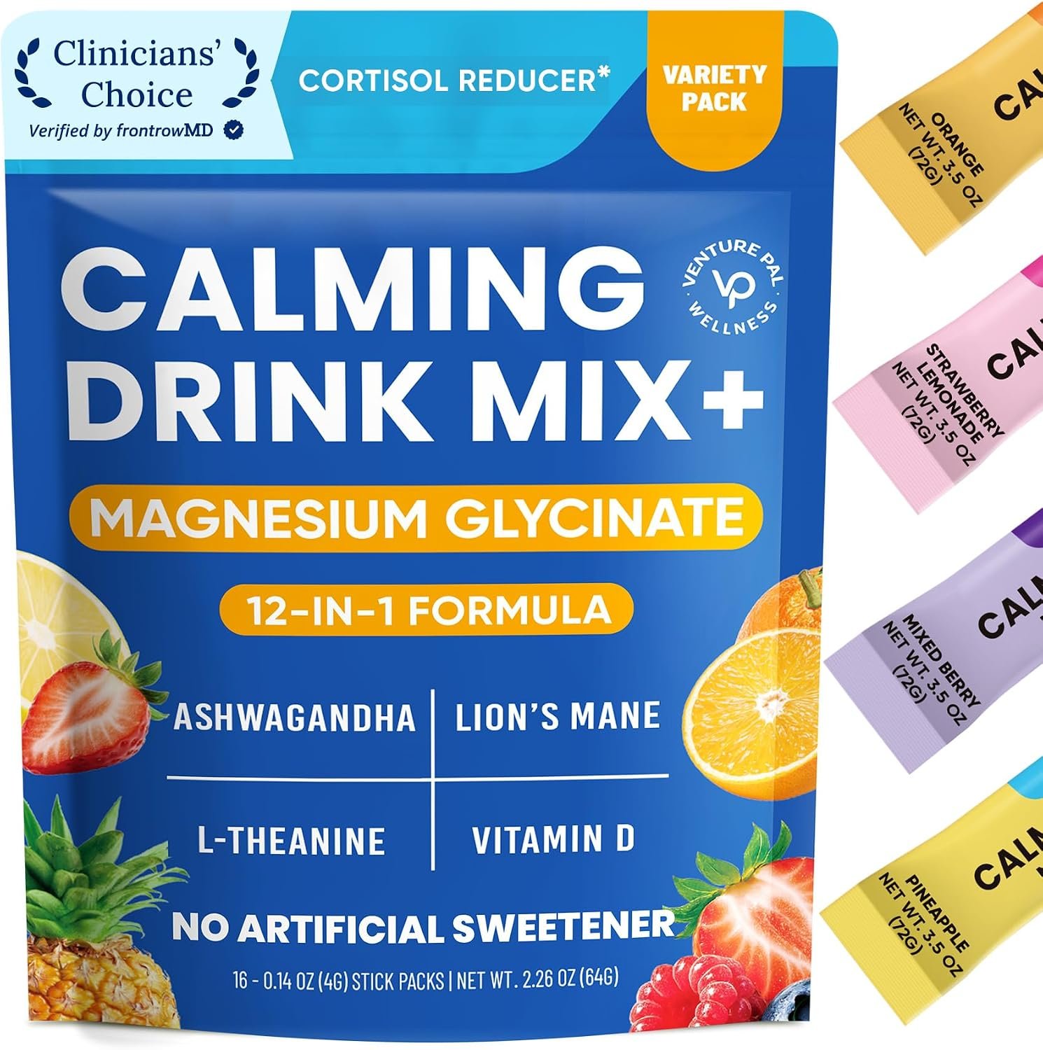 Venture Pal Calm Drink Mix, 12-in-1 Cortisol Reducer and Sleep Aid with Magnesium Glycinate, Ashwagandha, L-Theanine,Vitamin D, Calm Magnesium Powder for Relax & Focus, No Sugar, Non GMO
