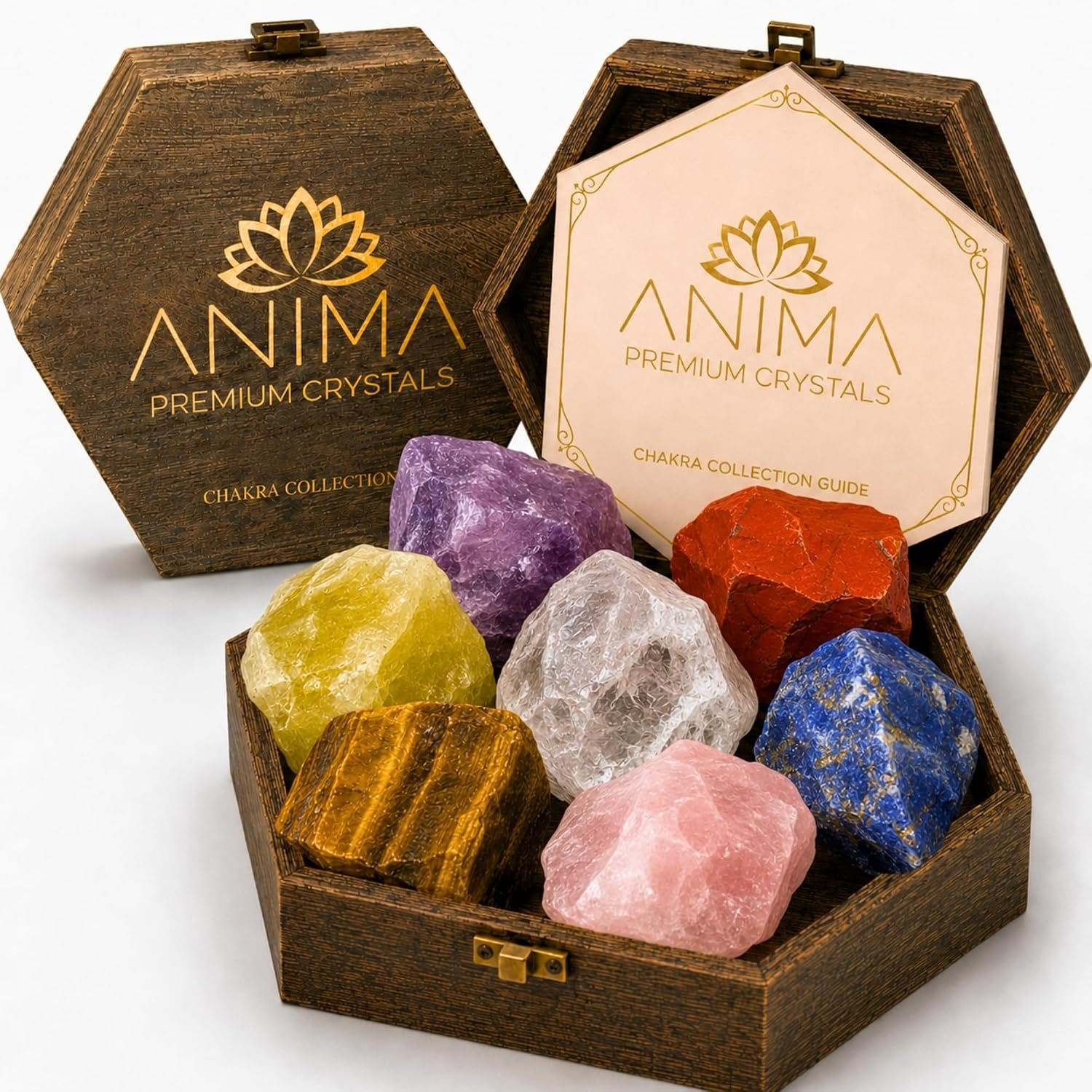 Anima Premium 7 Chakra Healing Crystals Set for Energy Alignment – Large Raw Amethyst, Rose Quartz, Citrine, Lapis Lazuli, Clear Quartz, Tigers Eye & Red Jasper – Wooden Gift Box & Guidebook Included