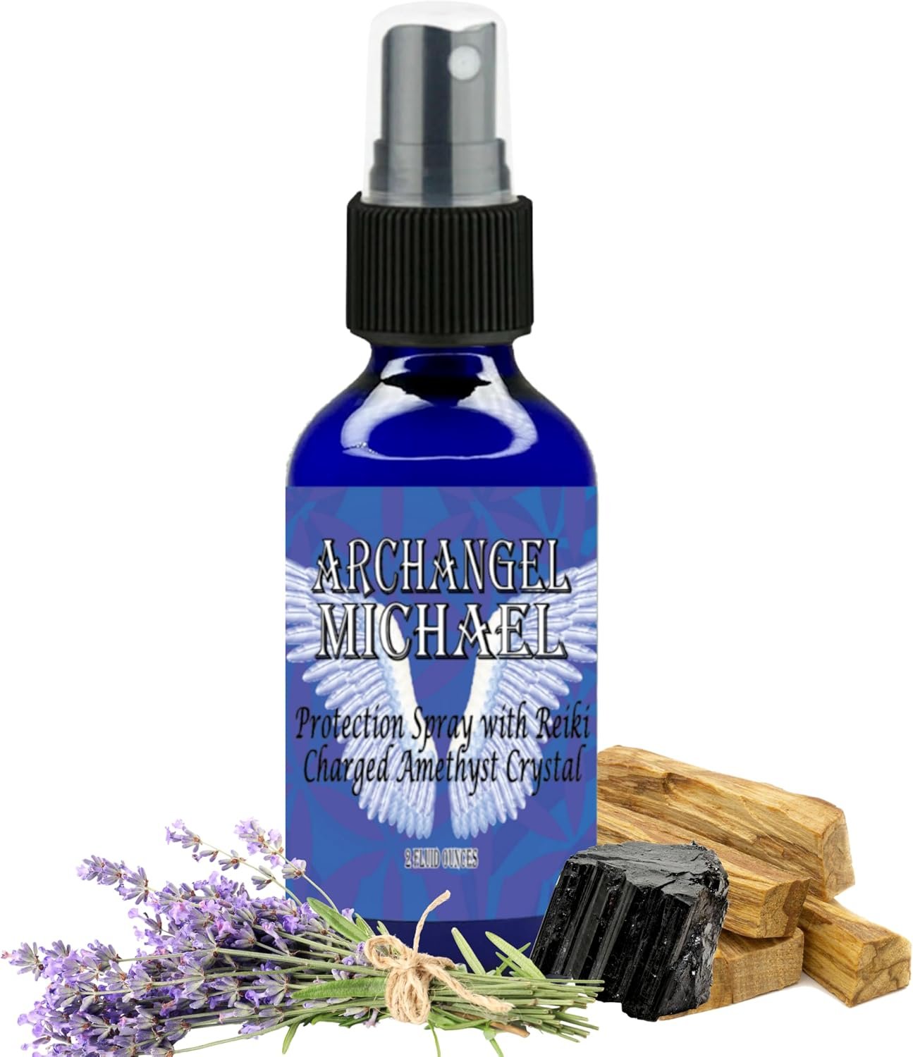 Archangel Michael Sacred Spray with Reiki Charged Amethyst Crystal (2 oz) – High Frequency Essential Oil Blend Includes Palo Santo, Angelica & Blue Cypress in Glass Bottle
