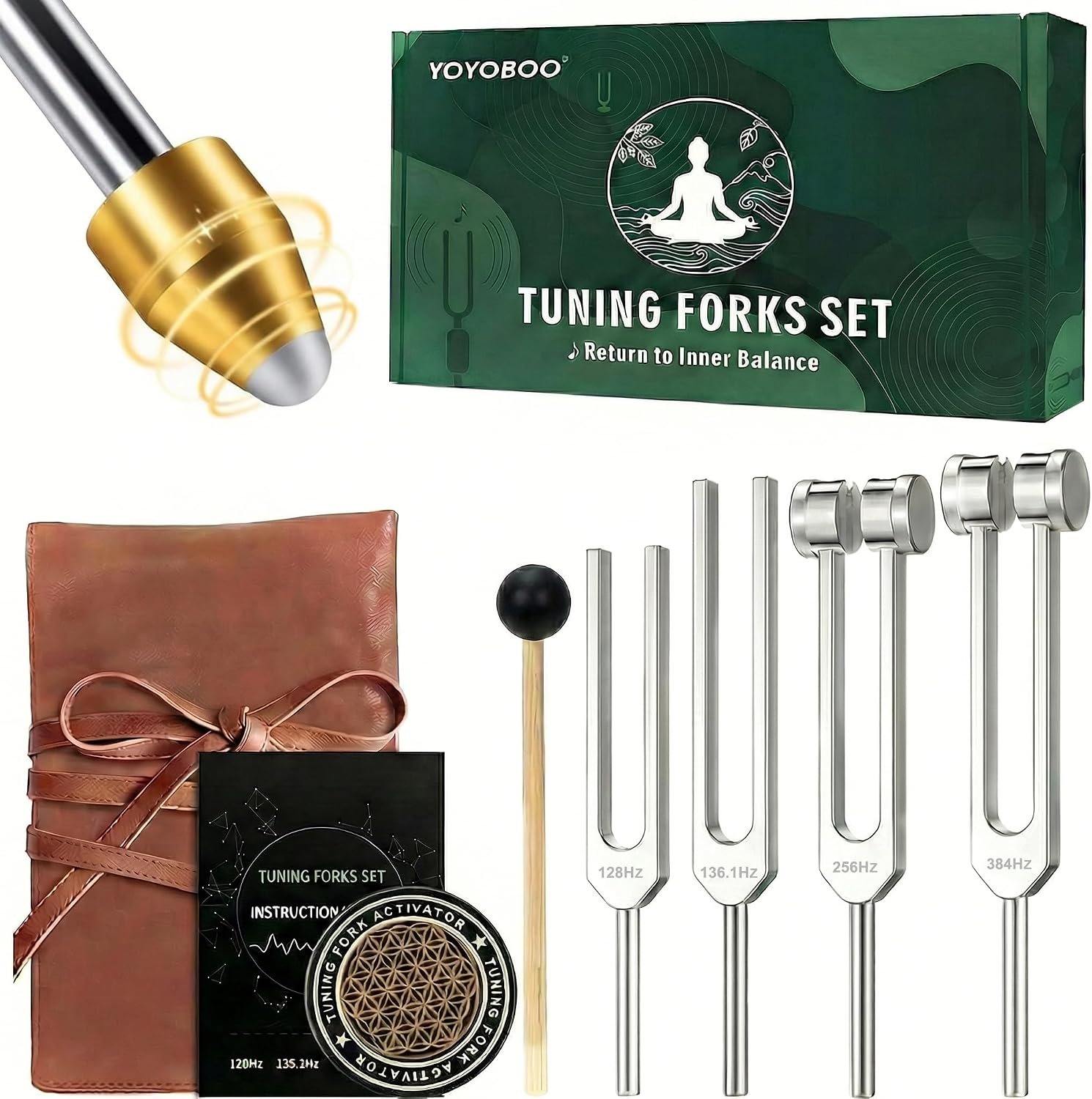 Tuning Forks for Healing Set – 128Hz, 136.1Hz, 256Hz, 384Hz Tuning Fork, Unweighted and Weighted Tuning Forks ＆ Activator, for Meditation, Yoga, Chakra Balancing & Deep Relaxation