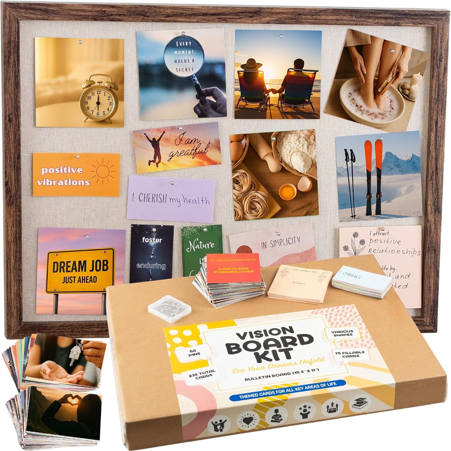ZEDORA Vision Board Kit – Cork Board 15.3×11” with 235 Vision Board Pictures – Great Gift and Dream Board, Mood Board, and Collage Book. New Year Goal Setter