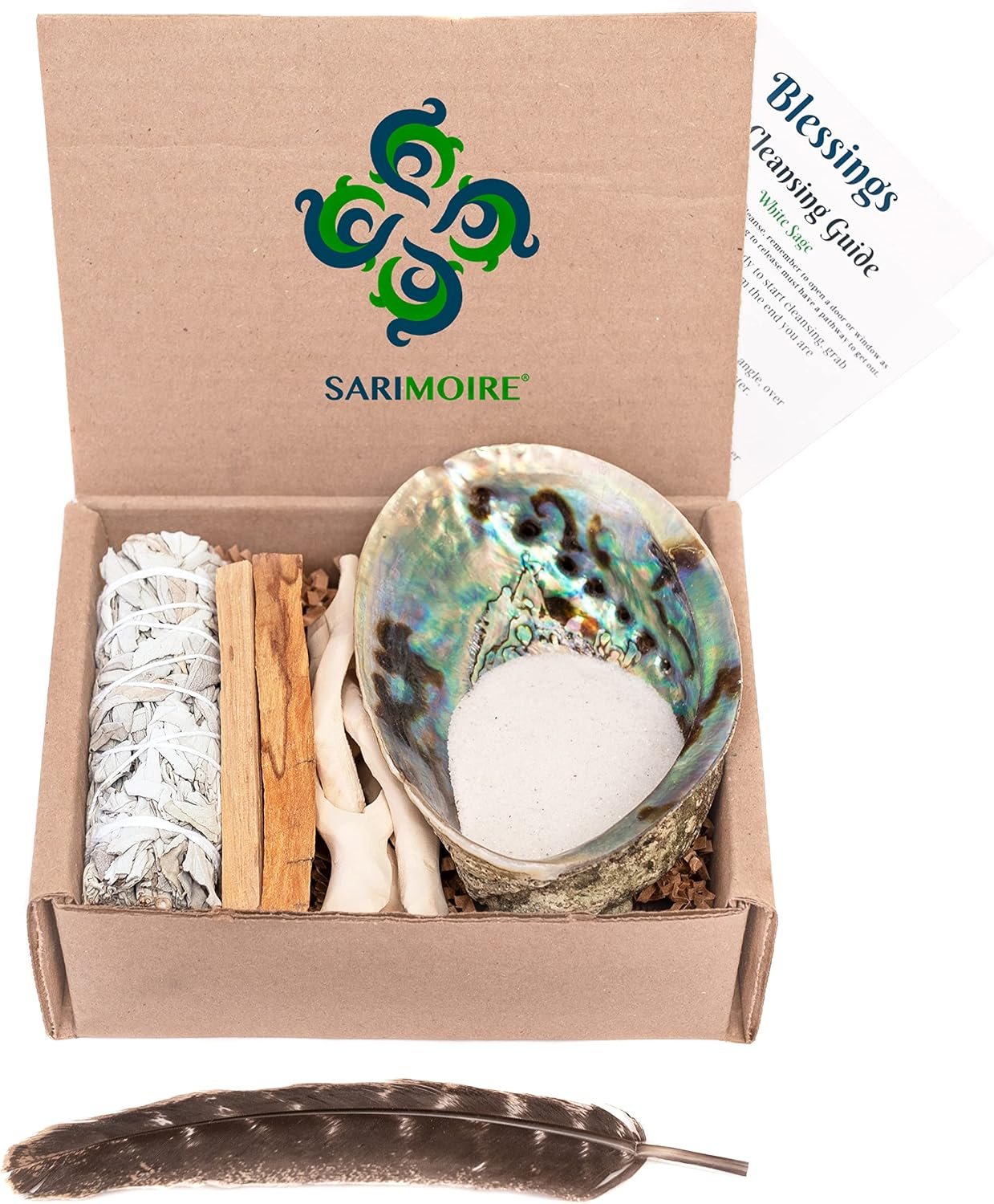 Sage Kit – White Sage Smudge Stick ~ Abalone Shell for Smudging ~ Palo Santo Sticks ~ 2 inchTripod Stand ~ 8 inch Feather and White Sand