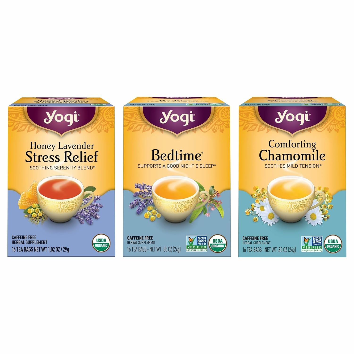 Yogi Tea Relaxation & Stress Relief Variety Pack – 16 Bags per Pack (3 Packs) – Relaxing Sampler – Includes Honey Lavender, Bedtime & Comforting Chamomile