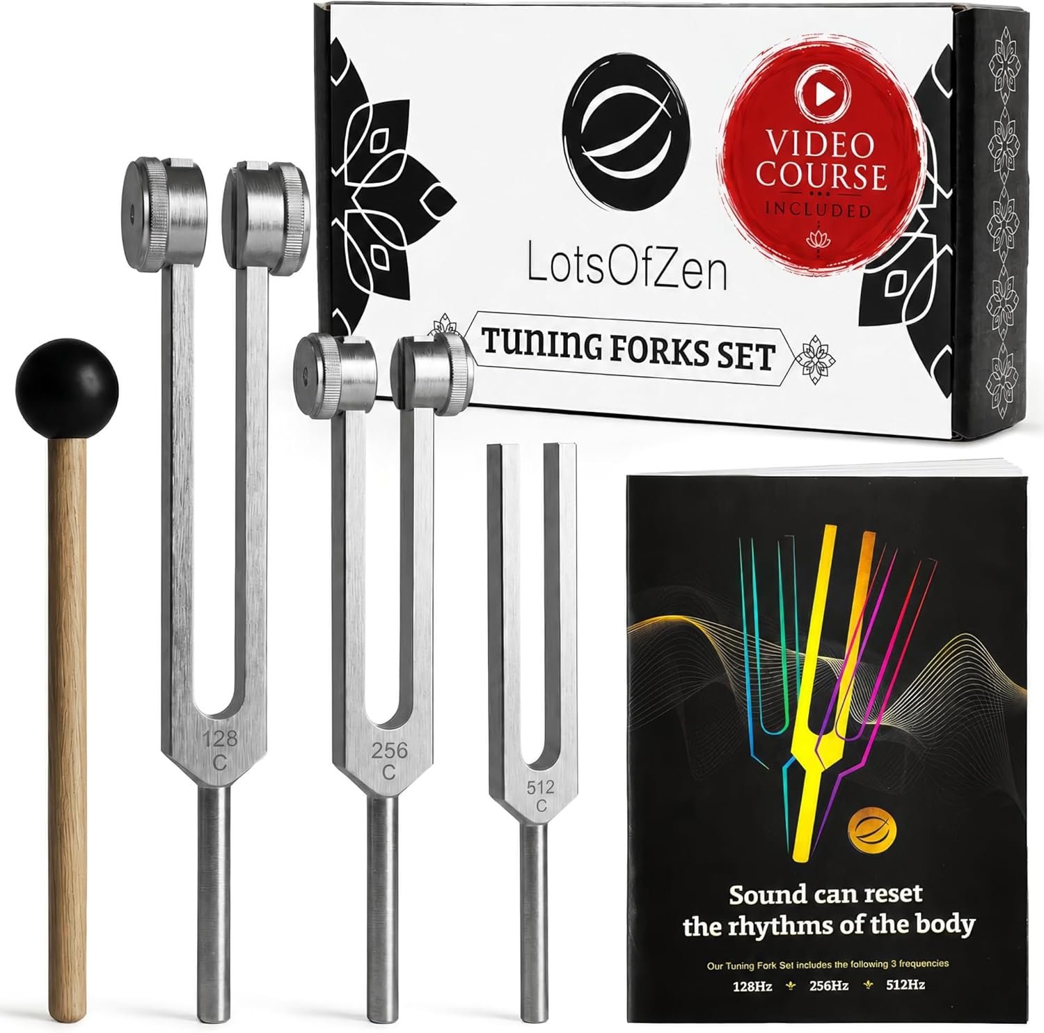 LOTS OF ZEN Tuning Forks for Healing Set (128Hz, 256Hz, 512Hz) | Sound Therapy, Chakra Balance & Grounding, Weighted & Unweighted, 80-Min Expert Video Course, Mallet & Velvet Pouches
