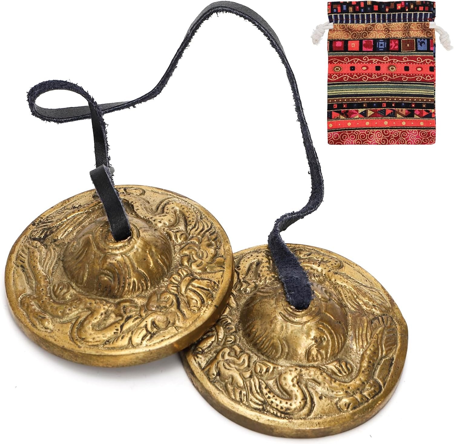 Meditation Chime Bells, 6.3 cm Dragon Embossed Tibetan Tingsha Cymbals with Drawstring Cloth Bag, Meditation Brass Bells for Percussion Instrument, Sound Healing, Yoga