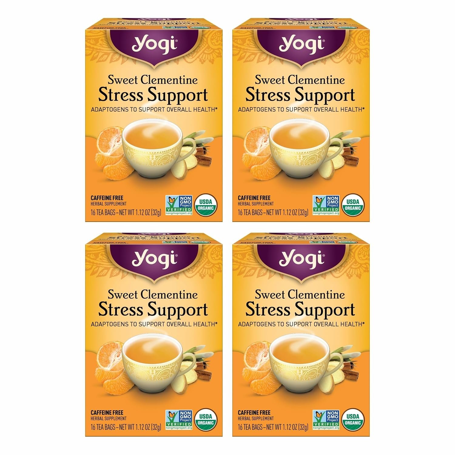 Yogi Tea Sweet Clementine Stress Support – 16 Bags per Pack (4 Packs) – Stress Support Herbal Tea – Calming Adaptogen Tea – Includes Ashwagandha Root, Lemongrass, Cinnamon Bark & More
