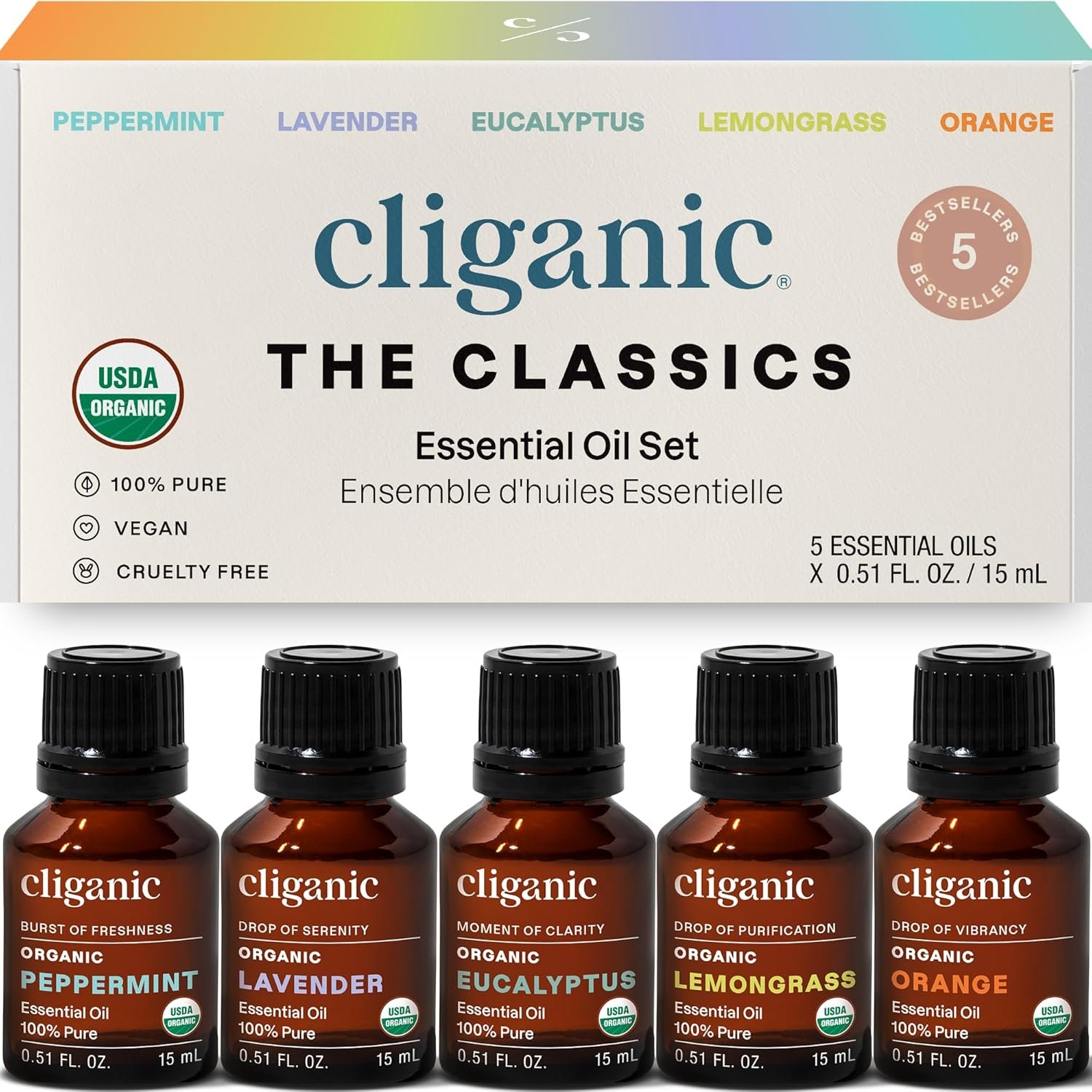 Cliganic Organic Essential Oils Set (Top 5 x 15ml) – 100% Pure Natural – Aromatherapy, Candle Making – Peppermint, Lavender, Eucalyptus, Lemongrass & Orange