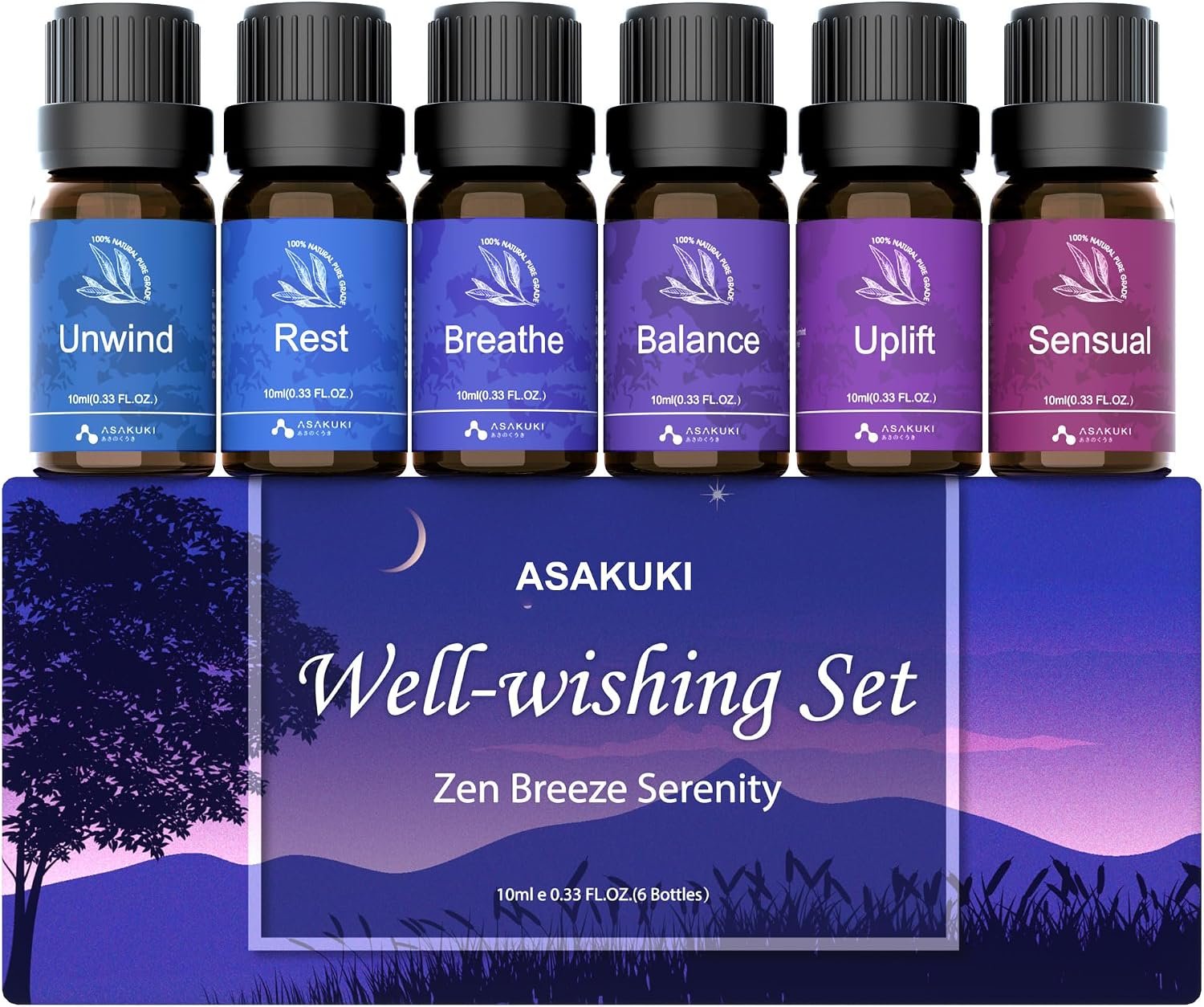 ASAKUKI Essential Oils for Diffuser, Wellness-Inspired Oil Blends Set | Mood-Enhancing Aroma, Daily Self-Care Ritual, Thoughtful Gift, Breathe, Uplift, Sensual, Balance, Unwind, Rest