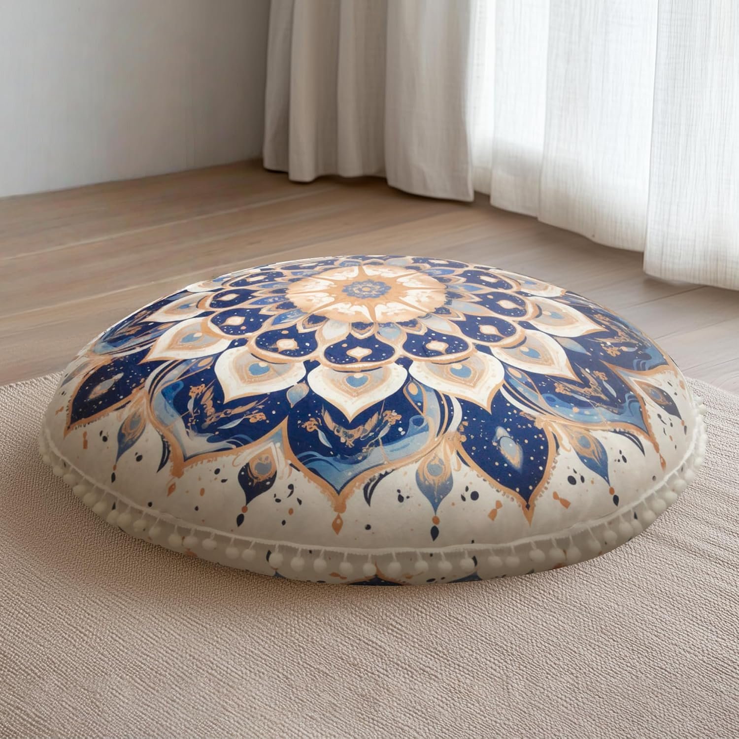 Meditation Cushion 32 Inch Round, Large Floor Pillow Seating for Adults, Bohemian Mandala Yoga Cushion, Extra Thick Memory Foam Removable Washable Cover, Ideal Gift & Holiday Decor, Blue