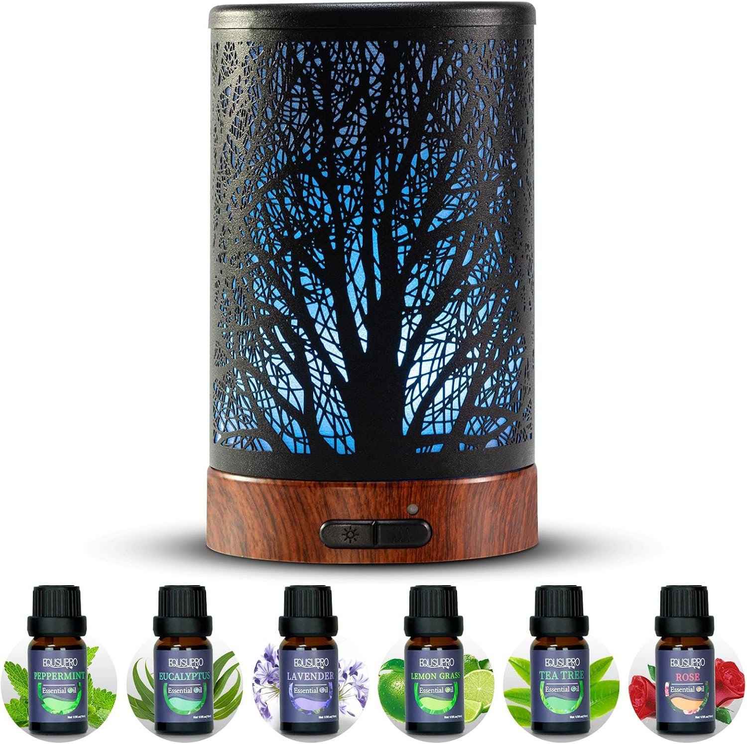 EQUSUPRO Essential Oil Diffuser Aromatherapy Diffuser 150ml with 6 Essential Oils Set, Diffuser for Essential Oils, Auto Off 7 Colors Night Light Gifts for Mom