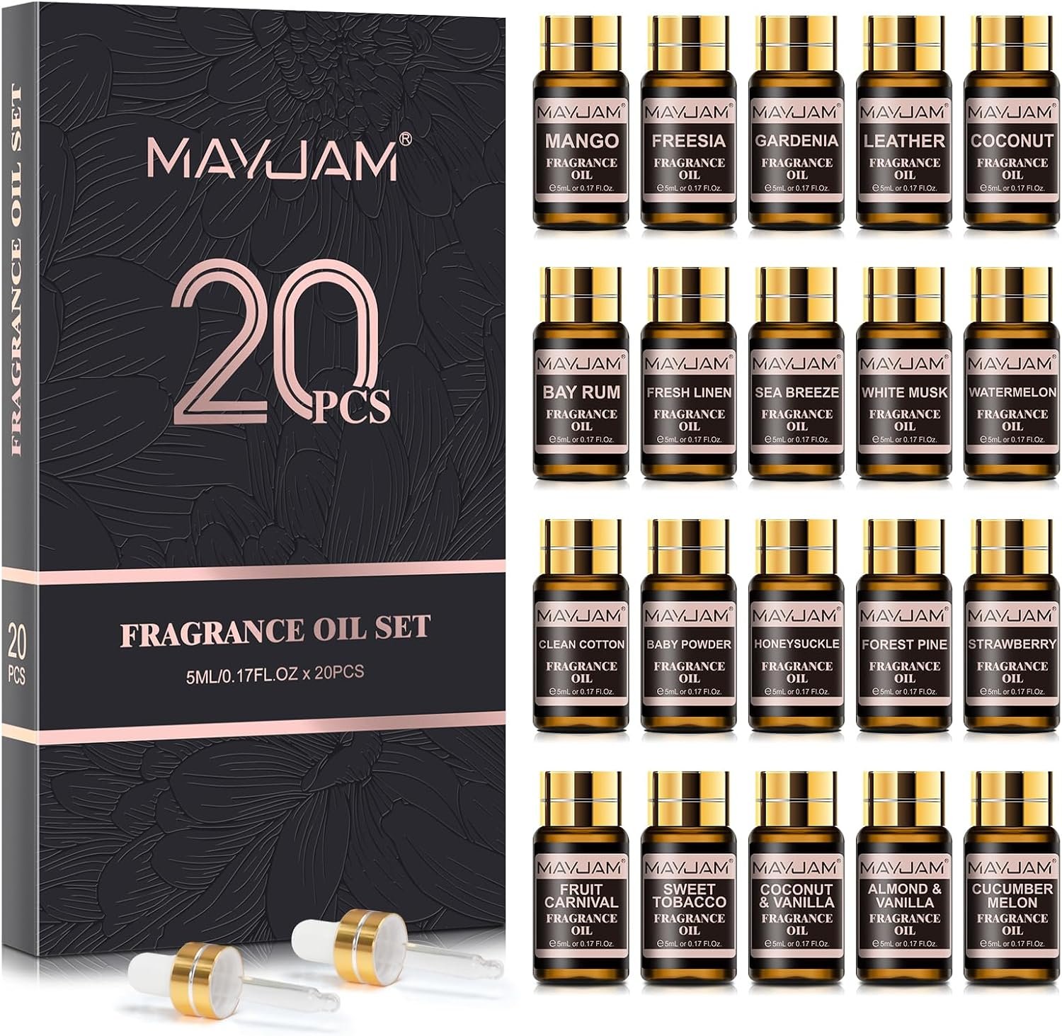 MAYJAM Fragrance Oil Gift Set, Top 20 Essential Oils Variety Pack for Diffusers for Home, Long Lasting Scented Oils for Soap Candle Making – 5ml/0.17fl.oz