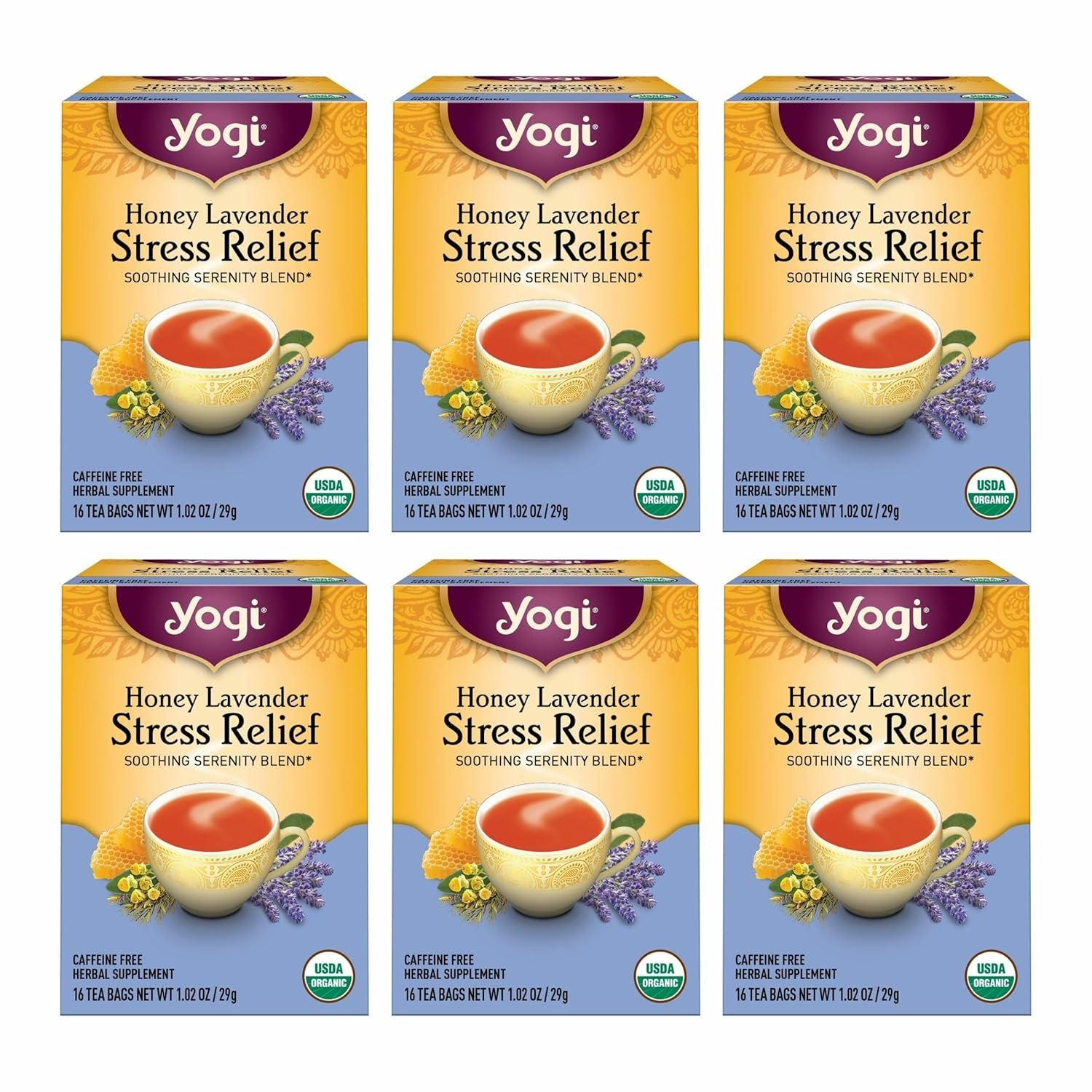Yogi Tea Honey Lavender Stress Relief Tea – 16 Tea Bags per Pack (6 Packs) – Organic Chamomile Lavender Tea – Includes Lemon Balm, Lemongrass, Spearmint Leaf, Peppermint Leaf, Honey Flavor & More