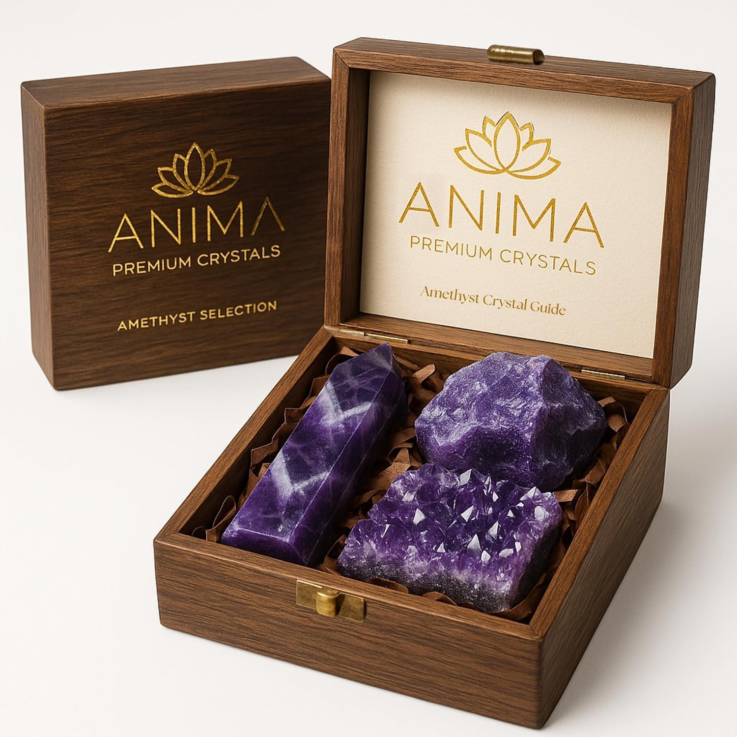 Anima Premium Amethyst Crystal Set for Peace, Deep Sleep & Intuition – Authentic Deep Purple Amethyst Geode, Tower and Raw Crystal from Brazil Presented in Wooden Gift Box – Responsibly Sourced