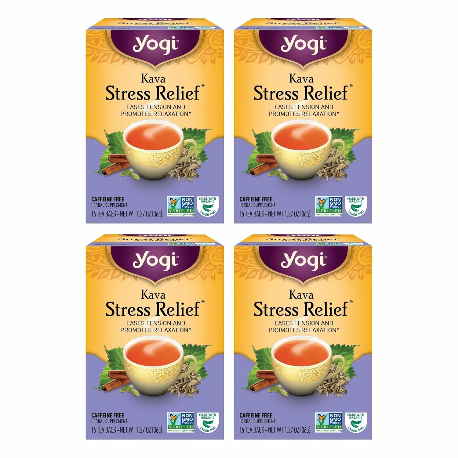 Yogi Tea Kava Stress Relief Tea – 16 Tea Bags per Pack (4 Packs) – Made with Organic, Caffeine-Free Relaxing Tea – Includes Carob Pod, Indian Sarsaparilla Root, Cinnamon Bark, Ginger Root & More