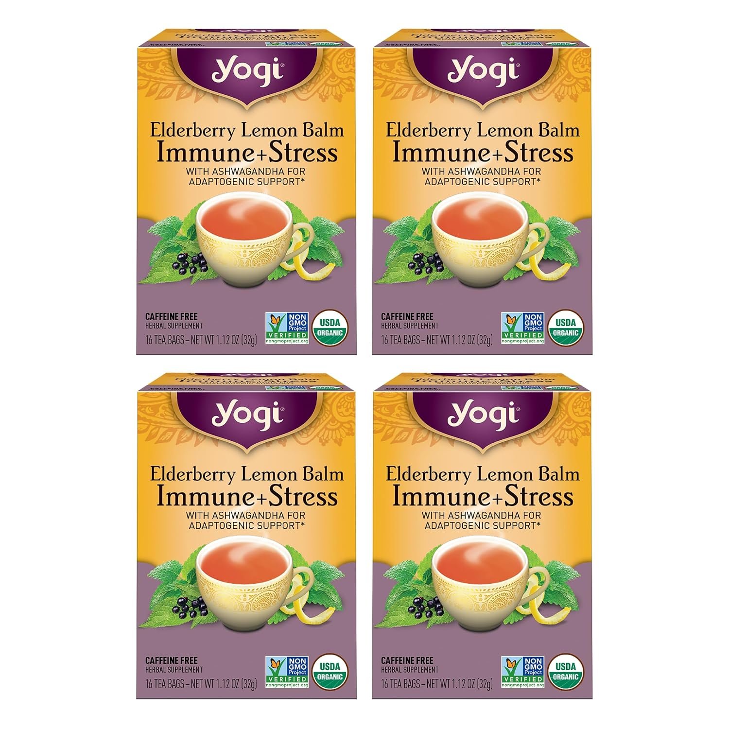 Yogi Tea Elderberry Lemon Stress & Immune Support Tea – 16 Tea Bags, 4 Packs – With Ashwagandha, Lemongrass, Licorice Root & More