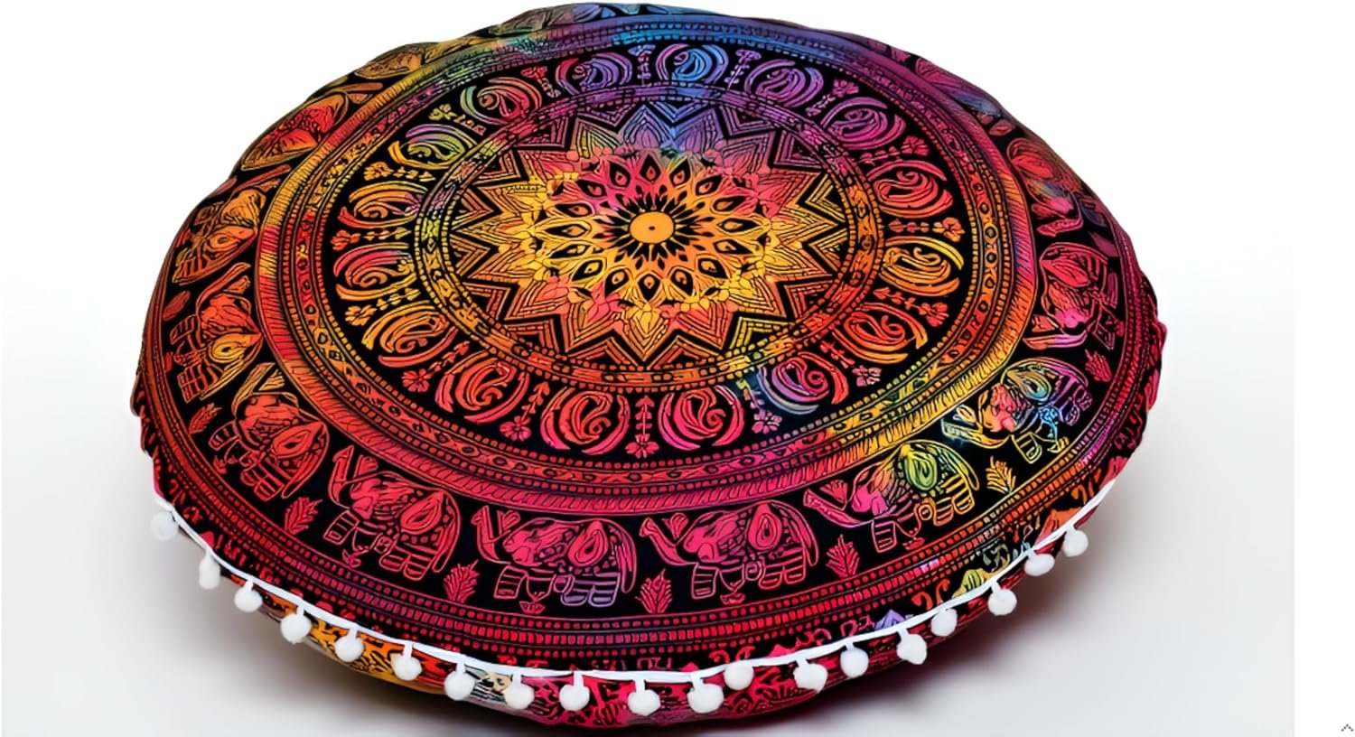 CRAFT KALA 22″ Round Mandala Boho Pillow Cover Meditation Room Seating Poufs Cover for Living Room Yoga Room Home Bedroom Balcony Garden Party Decoration Cotton Floor Cushion Cover 22″, Multi Elephant