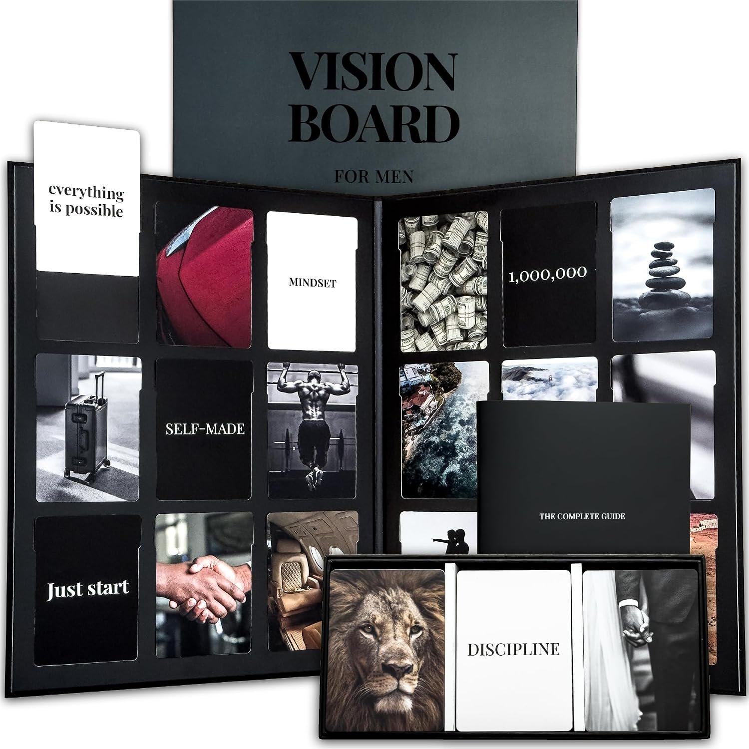 Vision Board Kit for Men – 168 Cards with Diverse Pictures & Quotes, Black Foldable Board & Complete Guide Book | Manifestation Clip Art Collage Supplies for Male Adults | No Old Magazines Needed