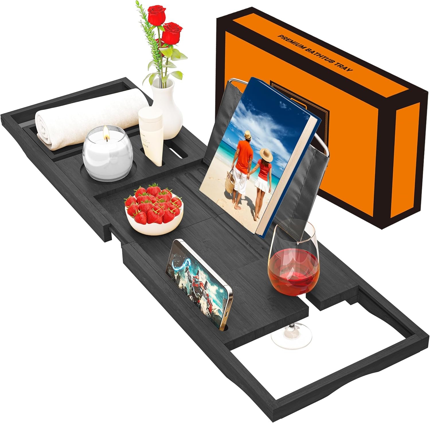 Premium Bathtub Tray Caddy – Bath Tray Expandable – Bath Tub Tray Table for Bathtub, Bamboo Wooden, Fits Most Bath Tubs