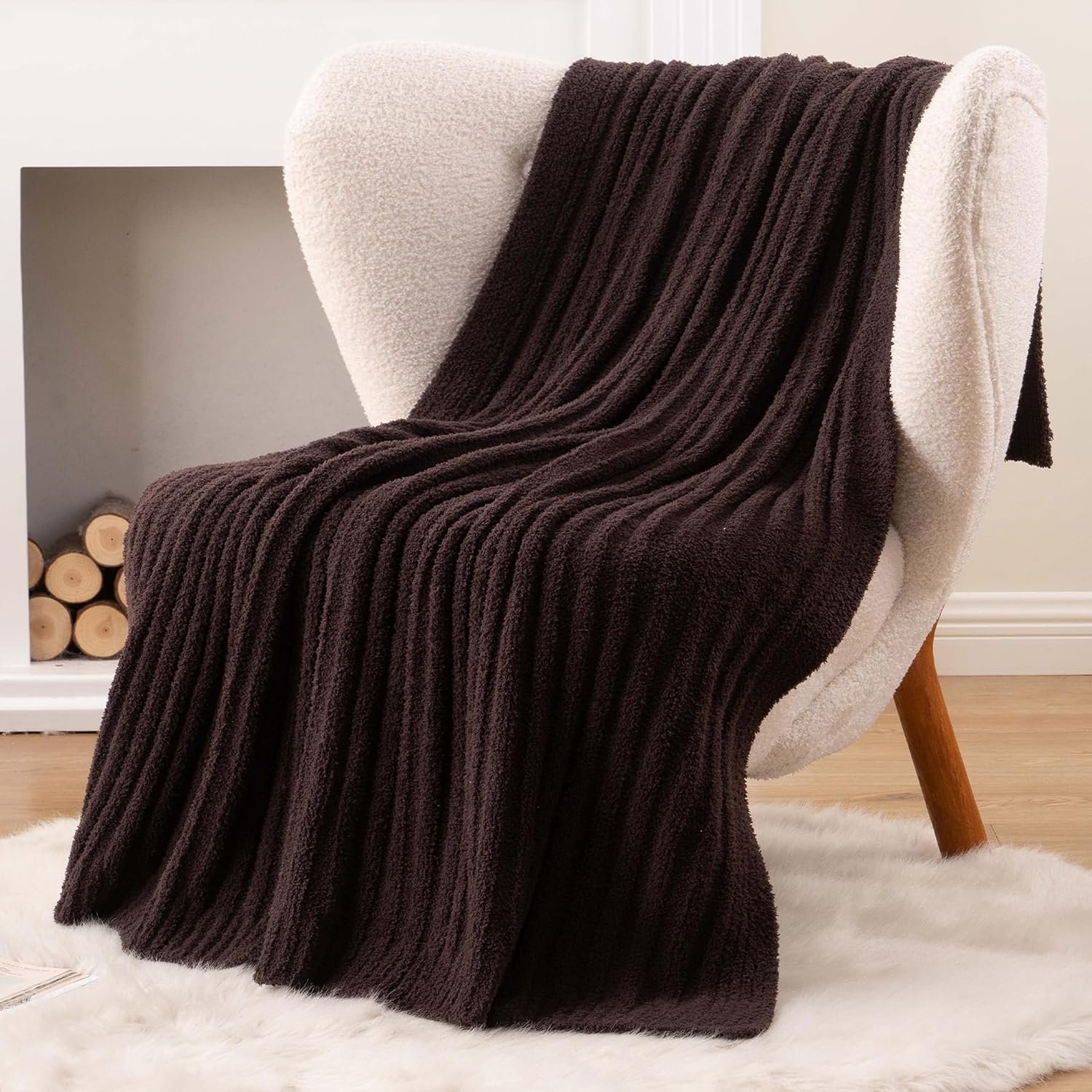 BATTILO Fluffy Soft Throw Blanket for Couch, Knit Fuzzy Plush Brown Throw Blankets, Cozy Warm Lightweight Blanket for Bed, Sofa, Home Decor, 50″x60″