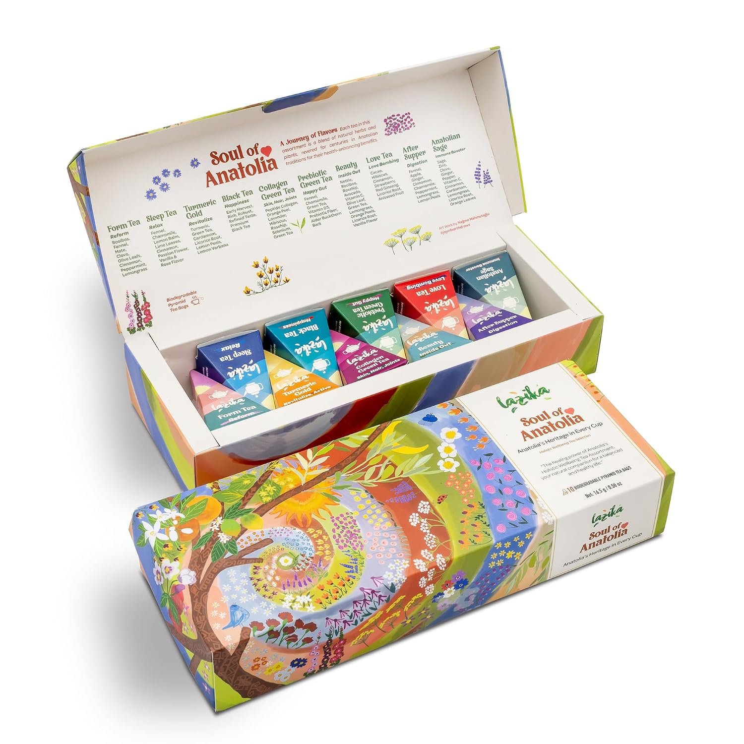 Lazika Tea Sampler with Premium Presentation Box, 10 Counts, 2 of Each Blend Individually Wrapped, Black, Green and Herbal Tea Variety Gift Set, Collection with Pyramid Infuser Bag