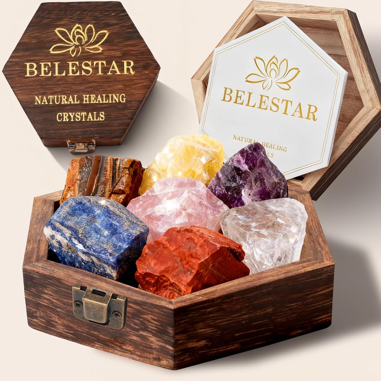 7 Chakra Healing Crystals Set – Large Raw Stones Energy Alignment Kit with Wooden Gift Box & Guidebook