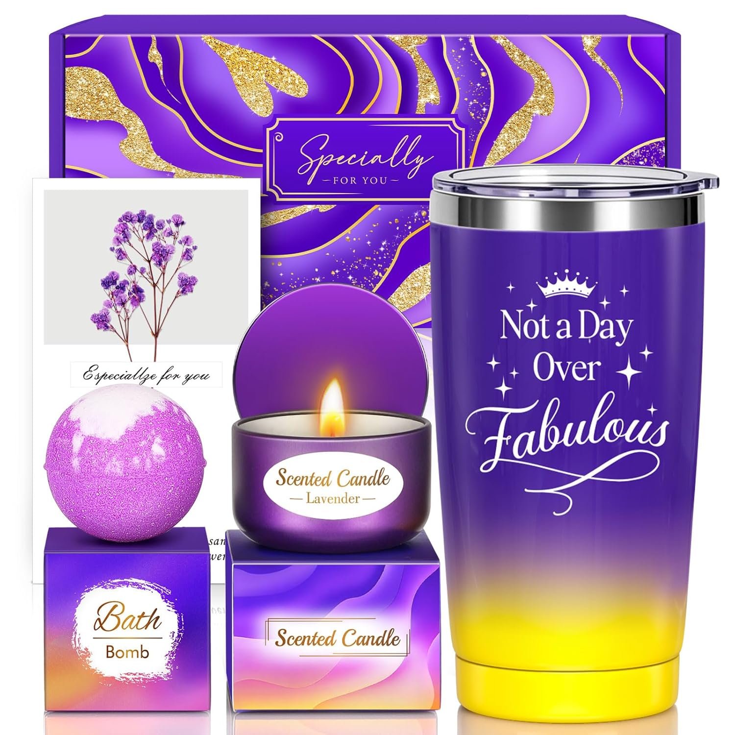 Christmas Birthday Gifts Set for Women Her Mom Wife Girlfriend Friend – Purple Self Care Spa Relaxation Gift Basket Set with Novelty Stainless Steel Coffee Tumbler Candle Bath Bomb Stocking Stuffers