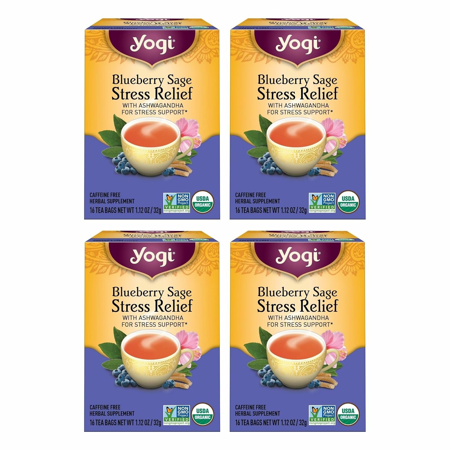 Yogi Tea Blueberry Sage Stress Relief – 16 Tea Bags per Pack (4 Packs) – Relaxing, Calming Tea to Support Stress Response – Includes Ashwagandha, Blueberry, Sage, Hibiscus & More