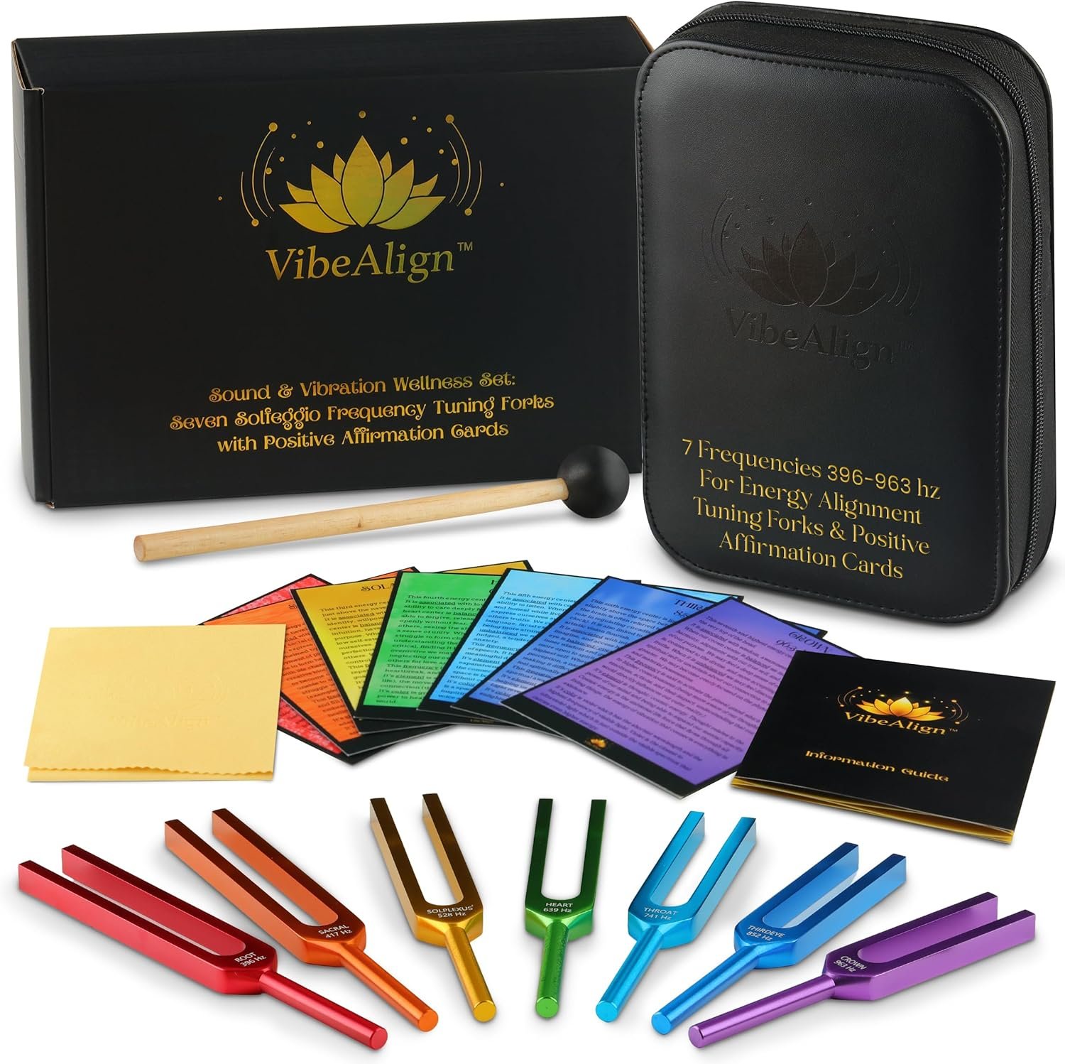 Tuning Forks Set- Sound Healing Vibration & Frequency Wellness with Positive Affirmation Cards. 7 Piece Solfeggio Frequency Color Coded Instruments with Protective Case Mallet Cloth & Guide