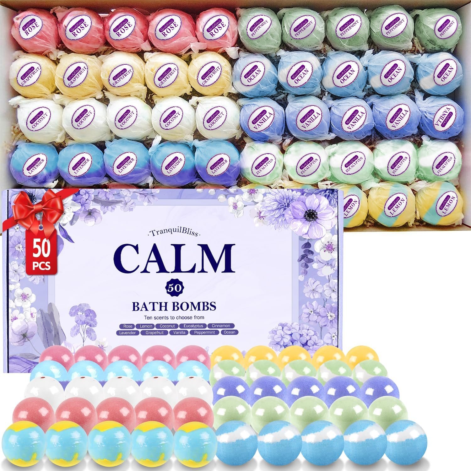TranquilBliss Bath Bombs for Women, 50 PCS Set with 10 Rich Scents, Natural Bubble Bathbombs, Dry Skin Moisturizing, Present for Christmas, Mother’s Day, Birthday, for Mom, Wife, Her, Girls