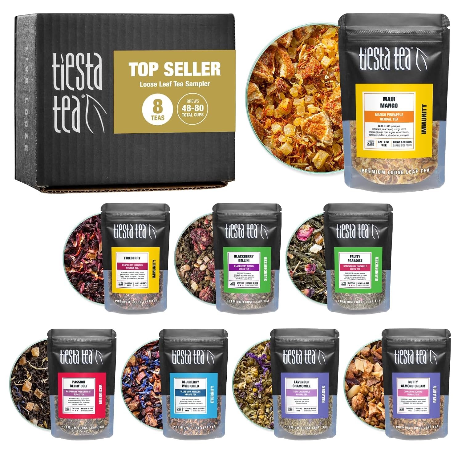 Tiesta Tea – Top 8 Favorites Sampler Set, Loose Leaf, Up to 80 Cups, High to No Caffeine, Hot & Iced, Tea Variety Pack with Green, Herbal, & Black, 8 Sample Pouches