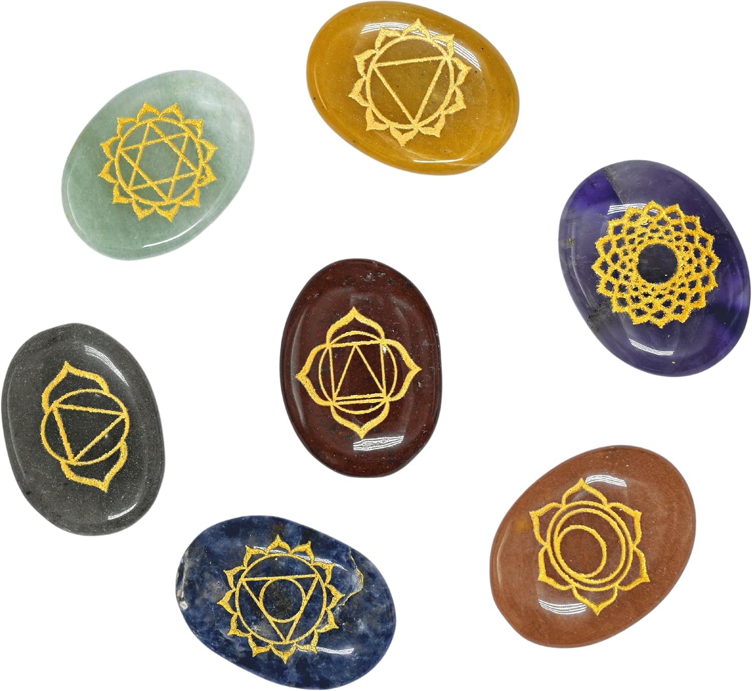 Amazing Gemstone 7 Chakra Oval Set Reiki Healing Crystal with Engraved Chakra OM Symbols Holistic Balancing Polished Palm Stones Set with Velvet Pouch
