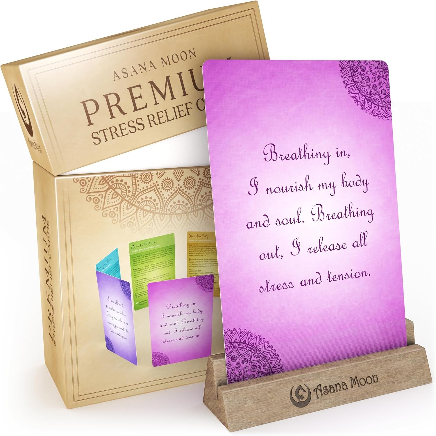 Asana Moon Stress Relief & Self Care Cards with Positive Affirmations – Calming Anti Anxiety Gift with Meditations