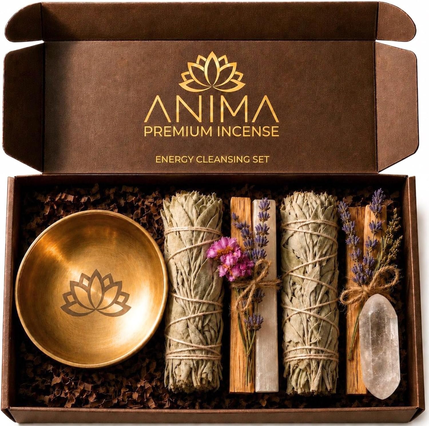 Anima Premium Energy Cleansing Set – White Sage Smudge Sticks, Palo Santo Sticks, Clear Quartz & Selenite Crystal with Smudge Bowl for Crystals & Home Cleansing, Meditation & Manifestation