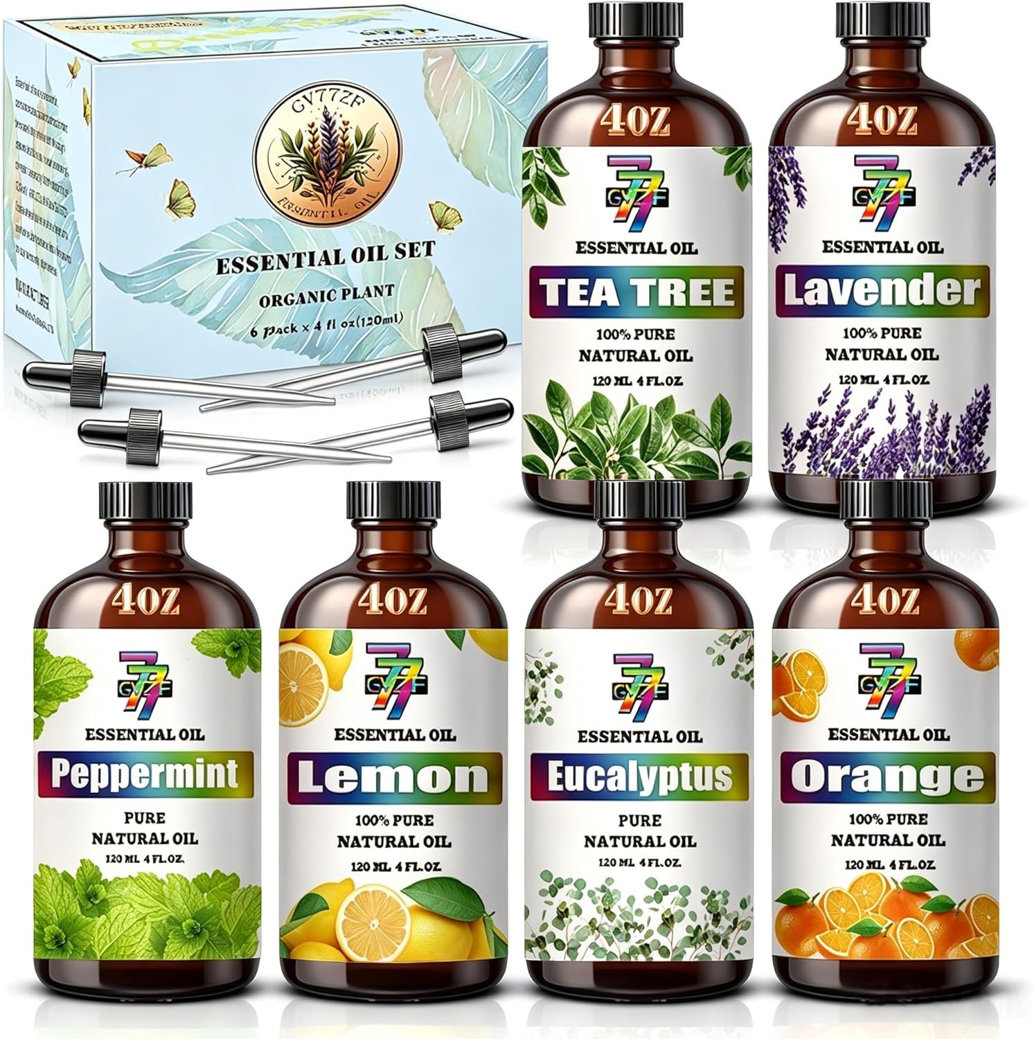 Essential Oil Set – 6 * 4 oz (120 ml) – Lavender, Peppermint, Lemon, Sweet Orange, Tea Tree, Eucalyptus – for Diffuser, Home Fragrance, Cleaning, Yoga, DIY Soap, Candles, Gift – GV77ZF