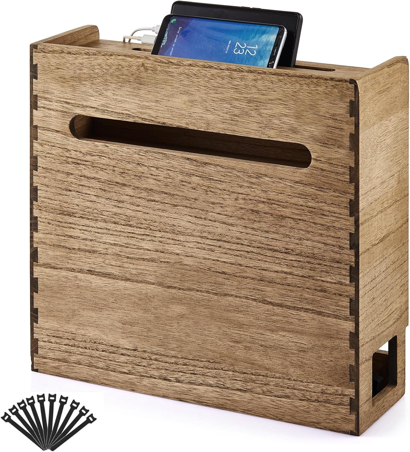 KIRIGEN Wooden WiFi Router Storage Box, 3-Tier Cable Organizer, Brown | Solid Wood 3-Tier Design Stores Routers, Modems, Power Strips, Adapters, and Cables for Desks, TV Stands, and Home Offices