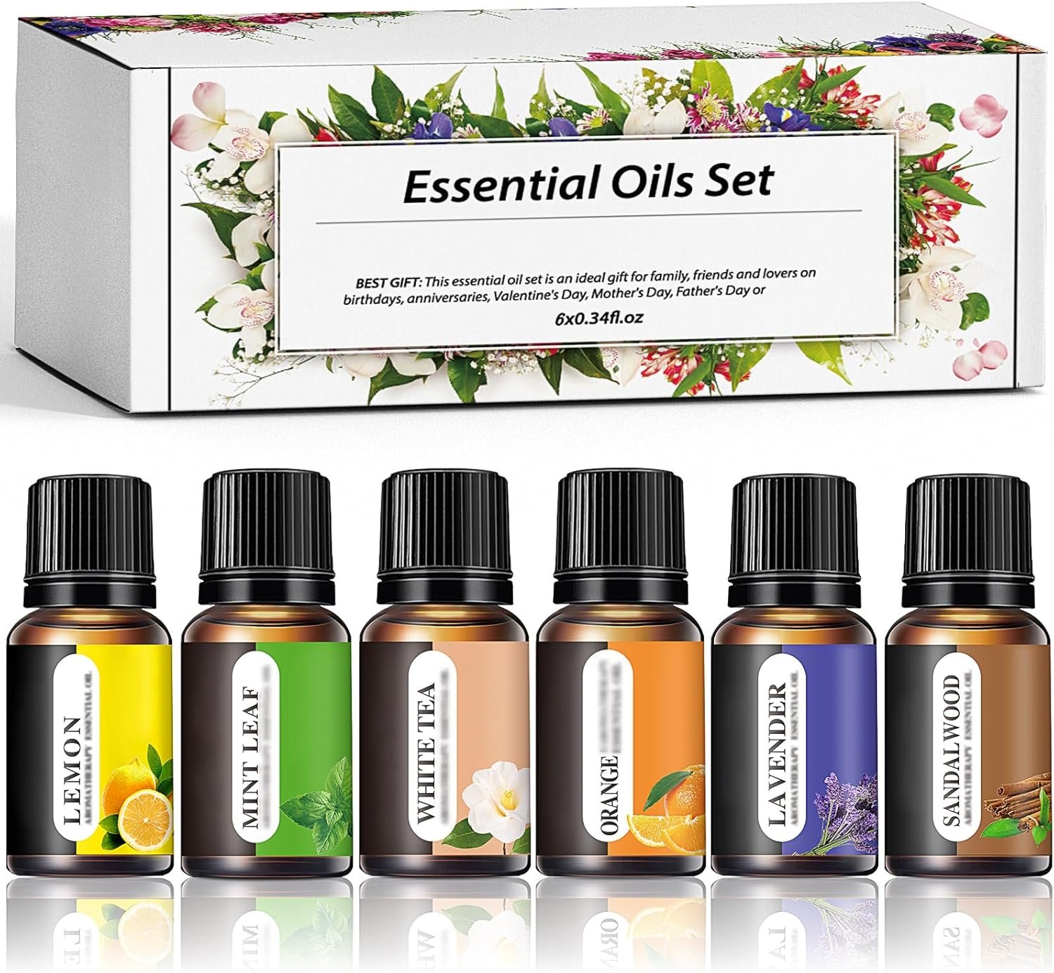 Aromatherapy Essential Oils Kit, 6pcs Pure Scented Oils for Diffuser, Soap, Massage & Home Use – Lavender, Mint, Lemon, Orange, Sandalwood, White Tea